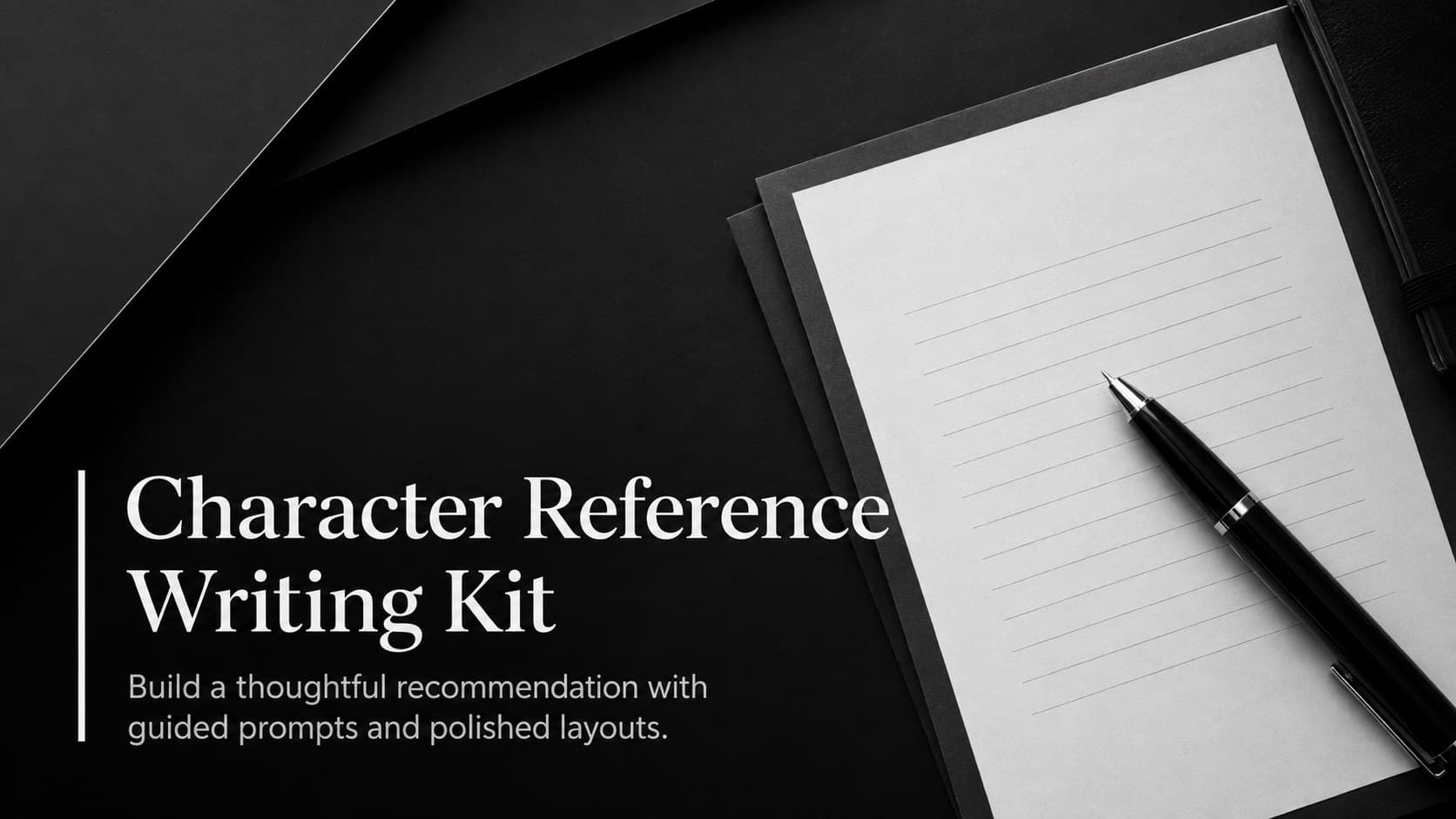 Black minimalist cover for a Character Reference Writing Kit with a professional typographic layout.