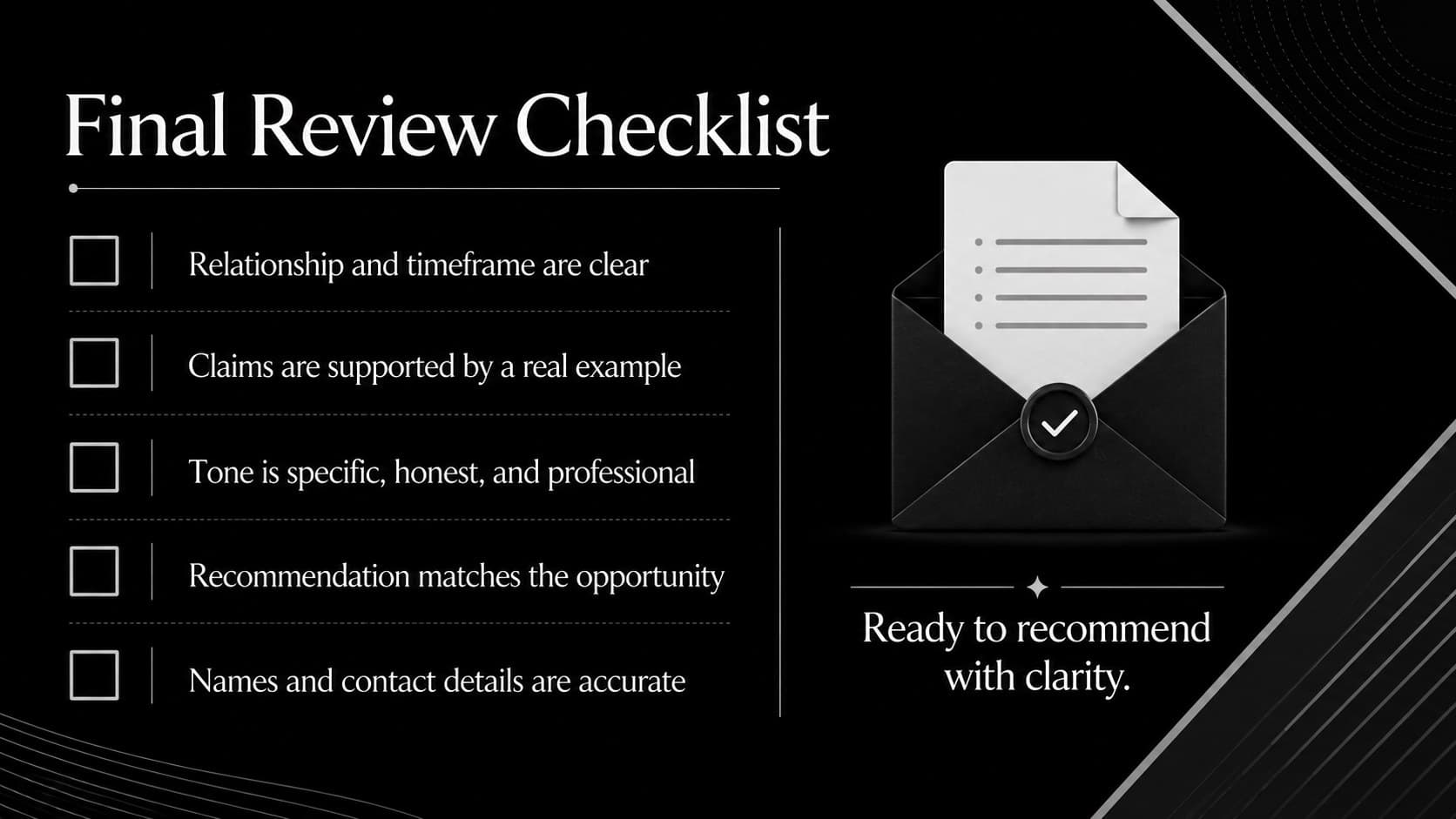 Professional character recommendation checklist covering accuracy, evidence, tone, and contact details.