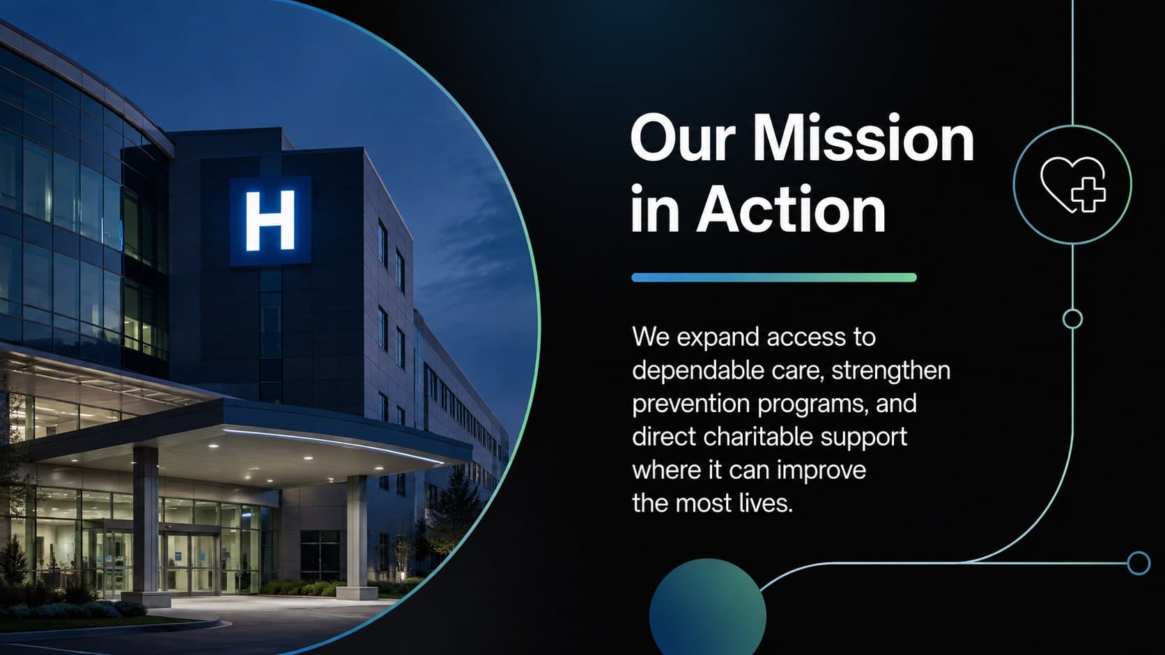Mission overview slide for a nonprofit hospital presentation with concise goals and community care imagery.