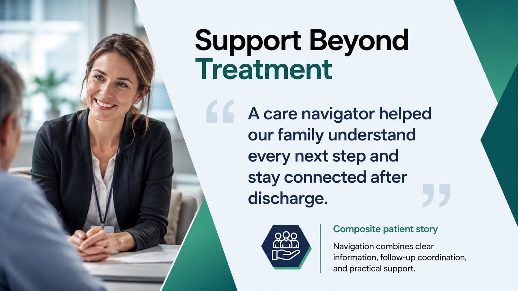 Patient support story slide featuring an original healthcare professional and a concise impact narrative.