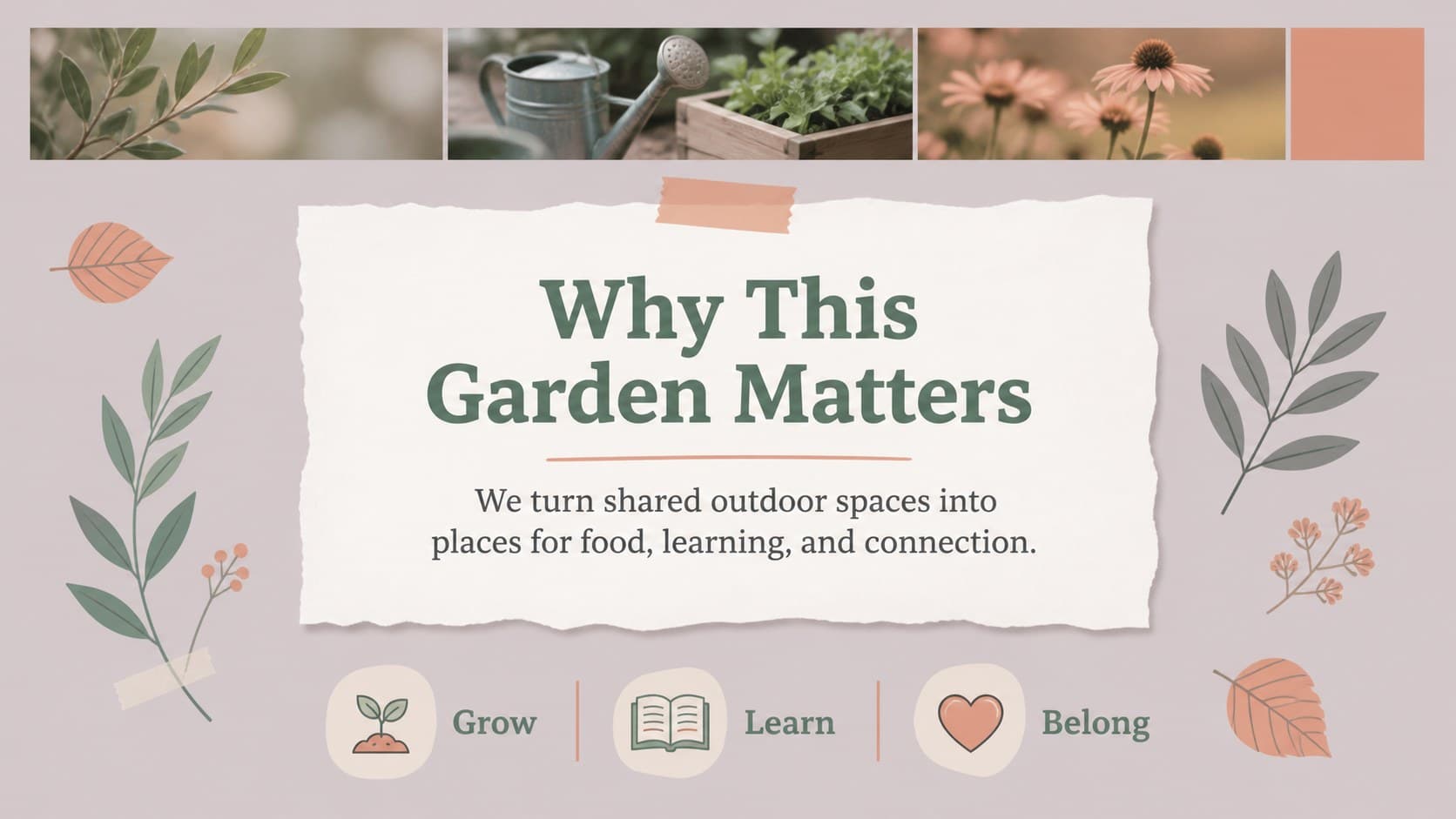 Mission slide explaining the purpose of a community planting and fundraising initiative.