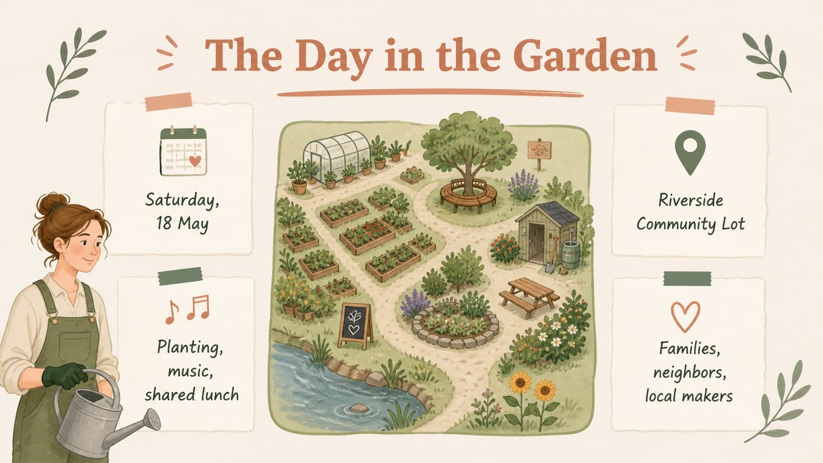 Event overview slide presenting the date, location, activities, and audience for a garden benefit.
