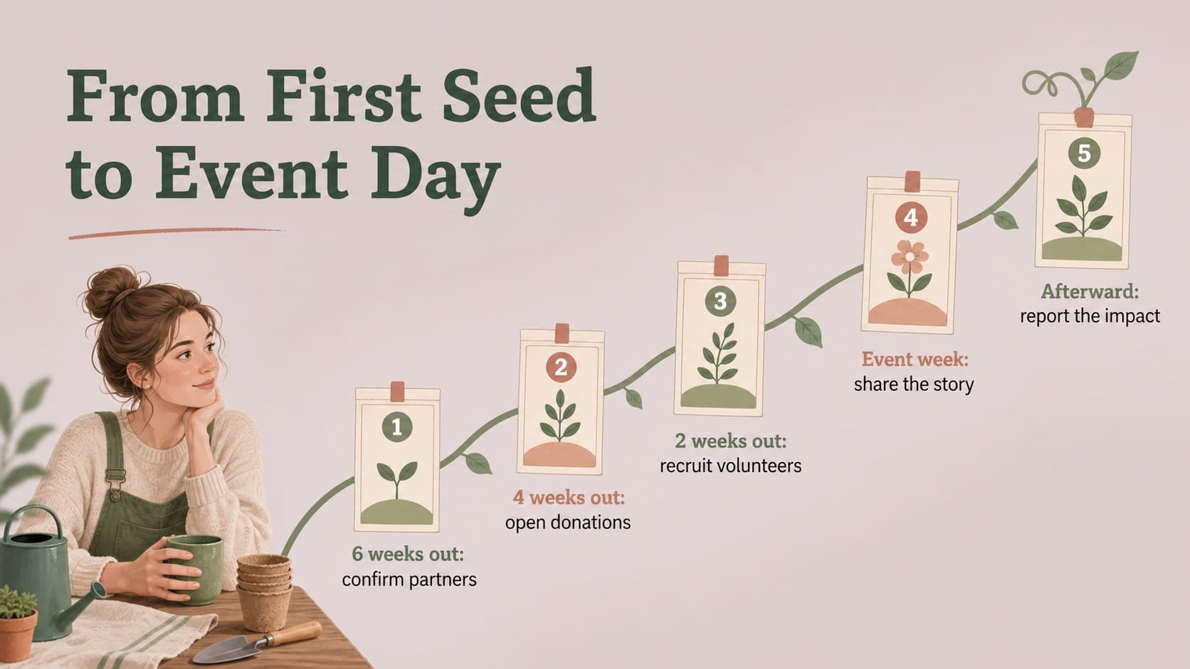 Timeline slide mapping preparation, promotion, event day, and follow-up for a garden campaign.