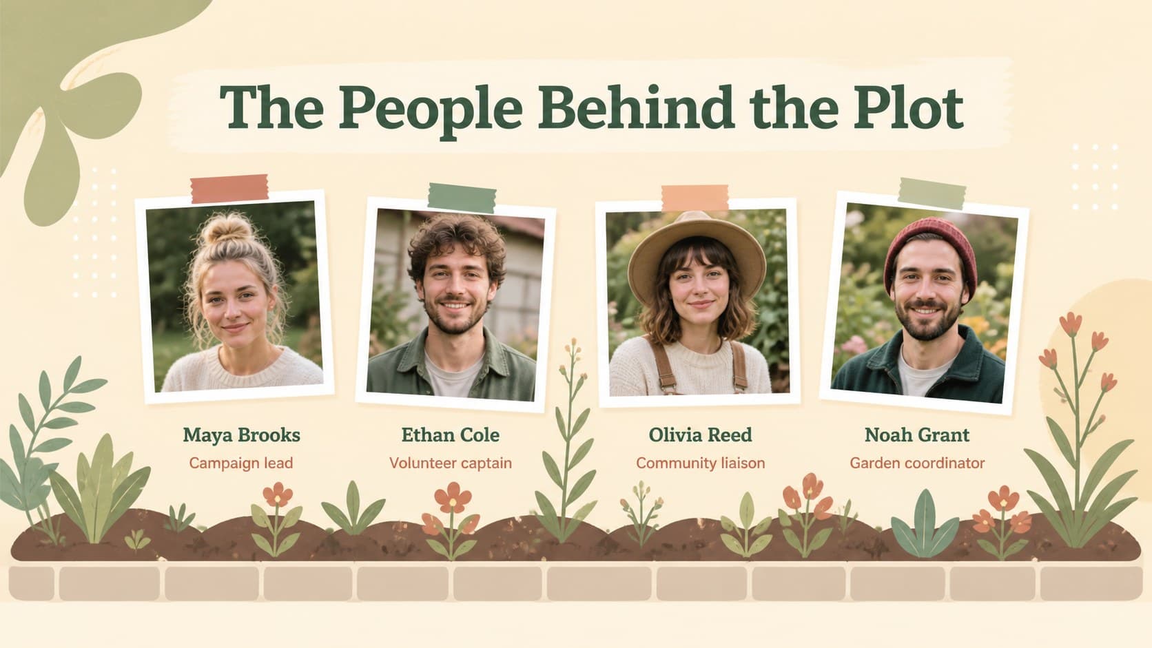 Team slide introducing the organizers and volunteer leads behind the community planting project.
