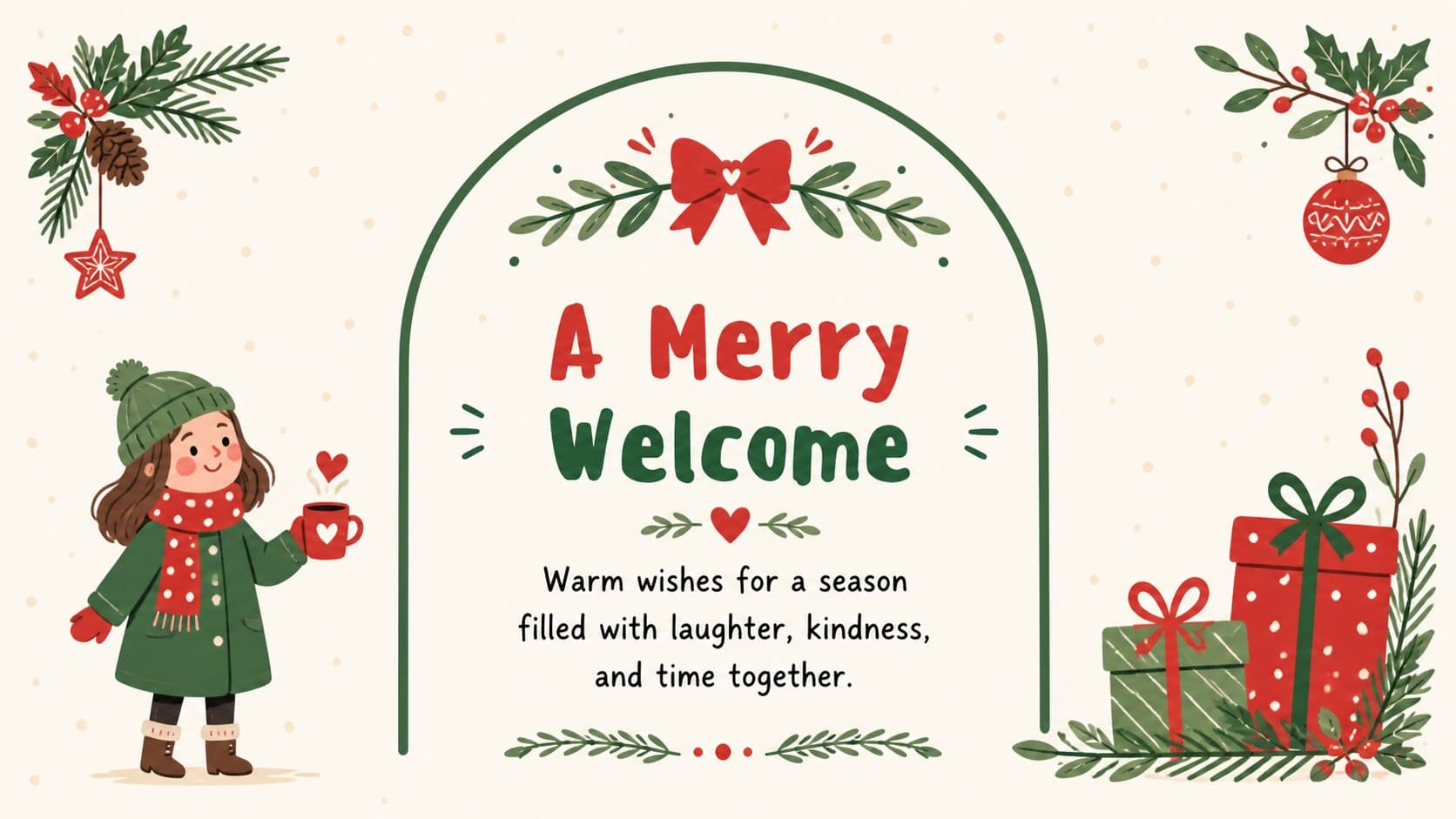 Festive welcome card layout from a Christmas card presentation template with illustrated gifts and winter greenery.
