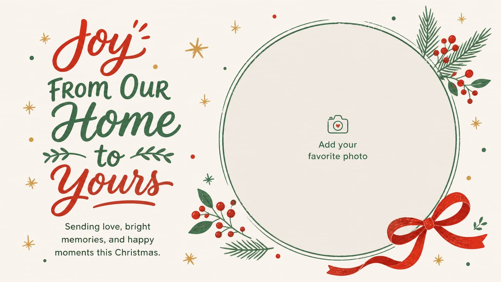 Christmas photo card design with a large family photo area and cheerful red-and-green illustrated accents.