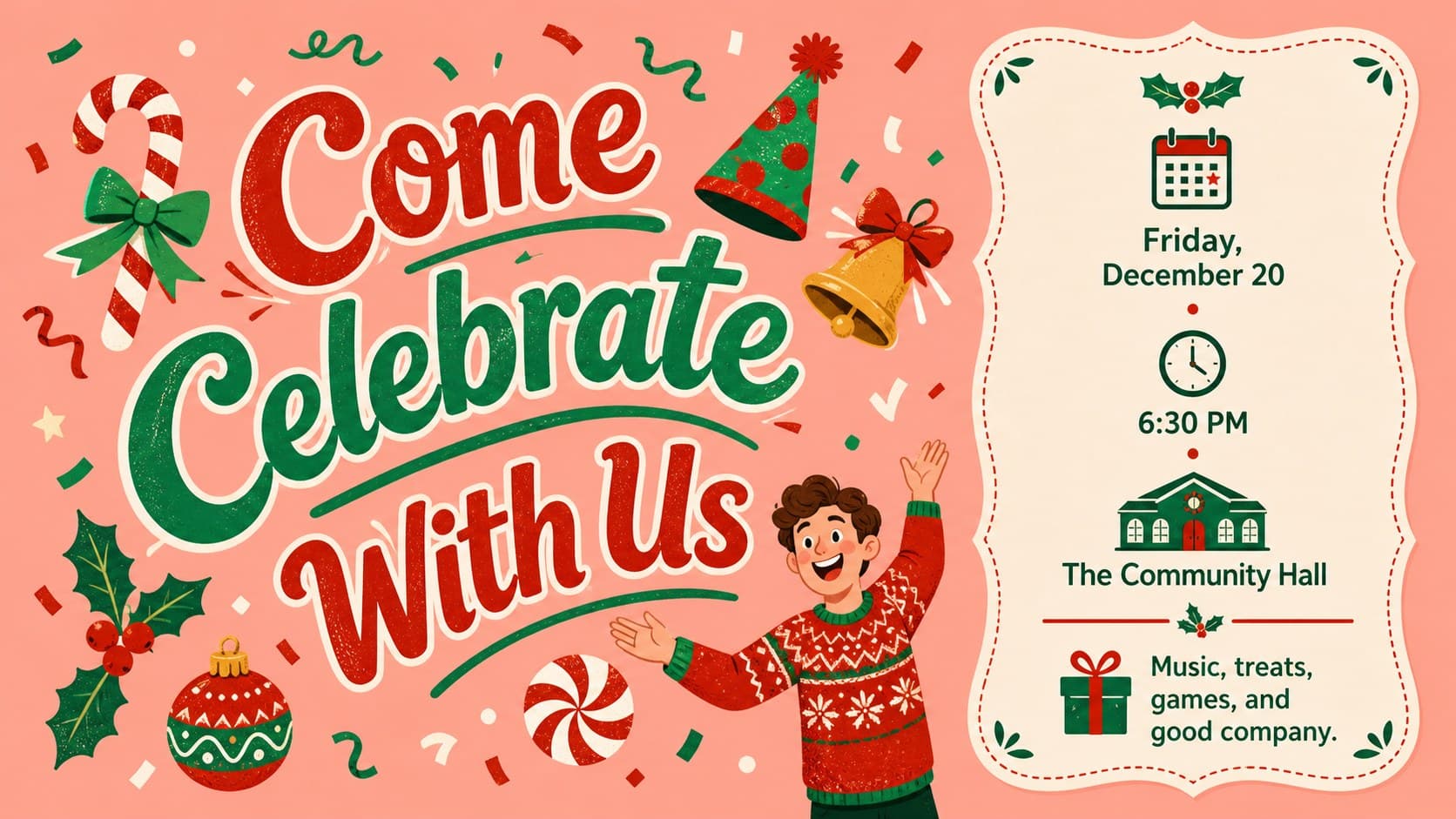 Playful Christmas party invitation slide with event details, candy canes, confetti, and festive lettering.
