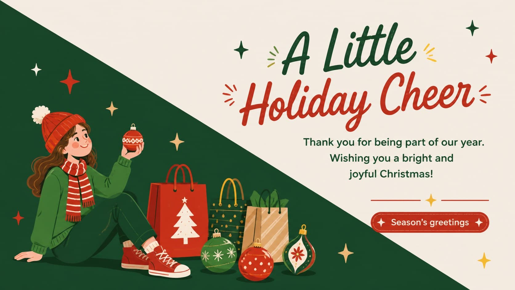 Seasonal social media greeting presentation slide with a bold promotional message and hand-drawn ornaments.
