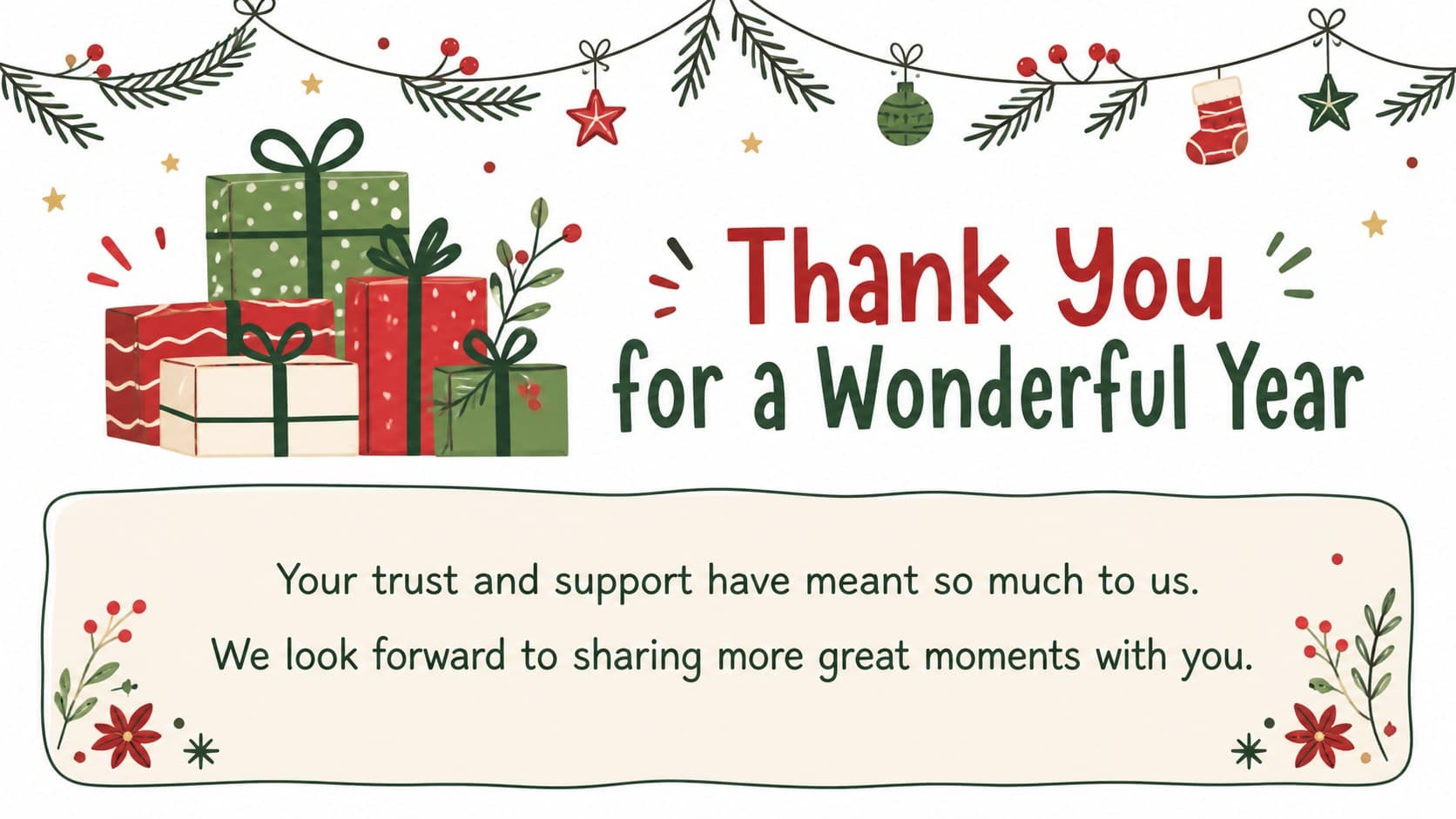 Customer appreciation Christmas card with thank-you lettering, wrapped gifts, and a bright illustrated border.