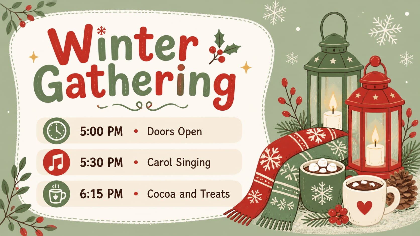 Winter event announcement slide with a simple schedule and colorful hand-drawn seasonal decorations.
