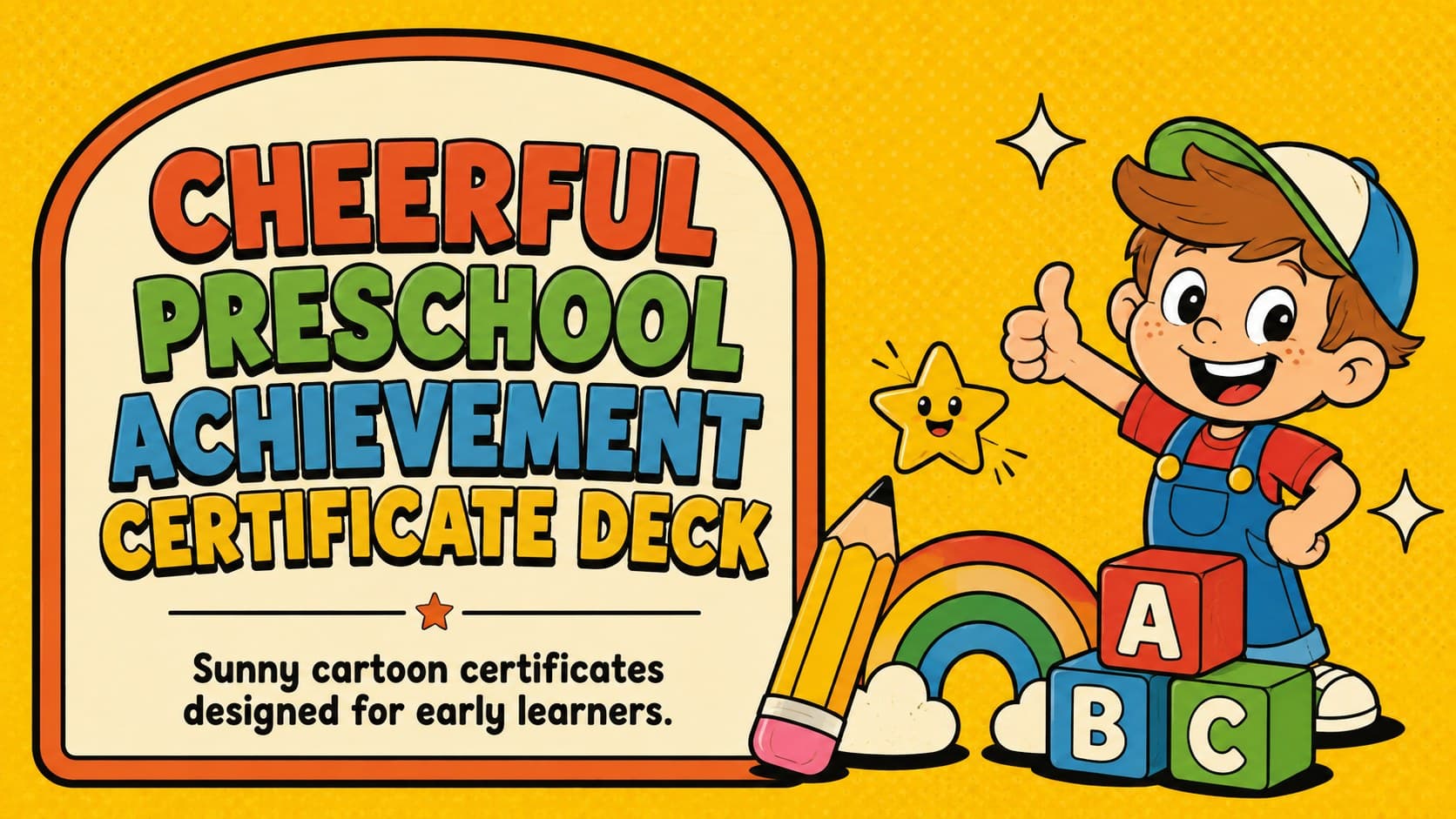 Cover of the cheerful preschool achievement certificate deck with sunny yellow cartoon school decorations.