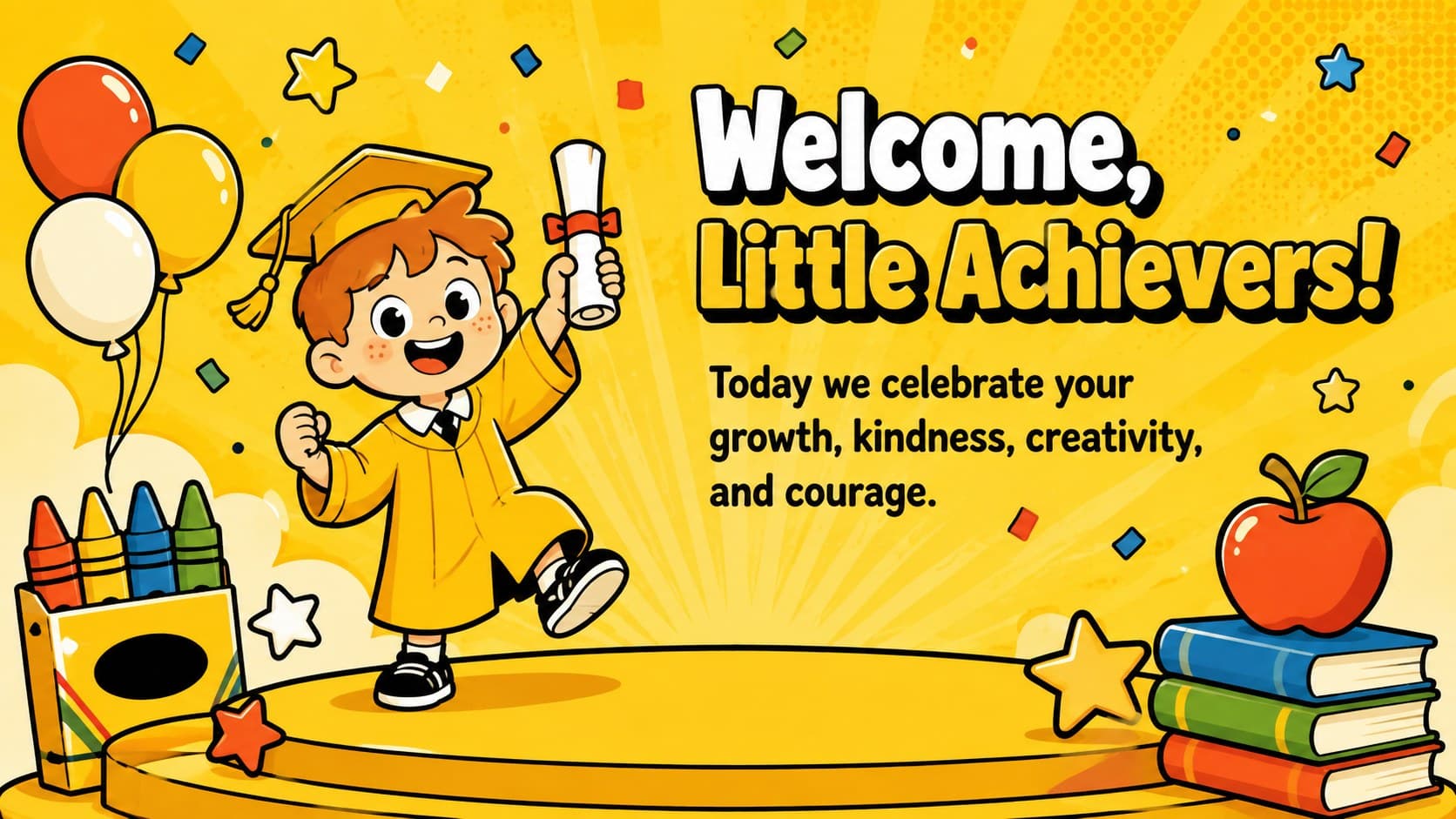 Yellow preschool recognition ceremony welcome slide with playful school supply illustrations.