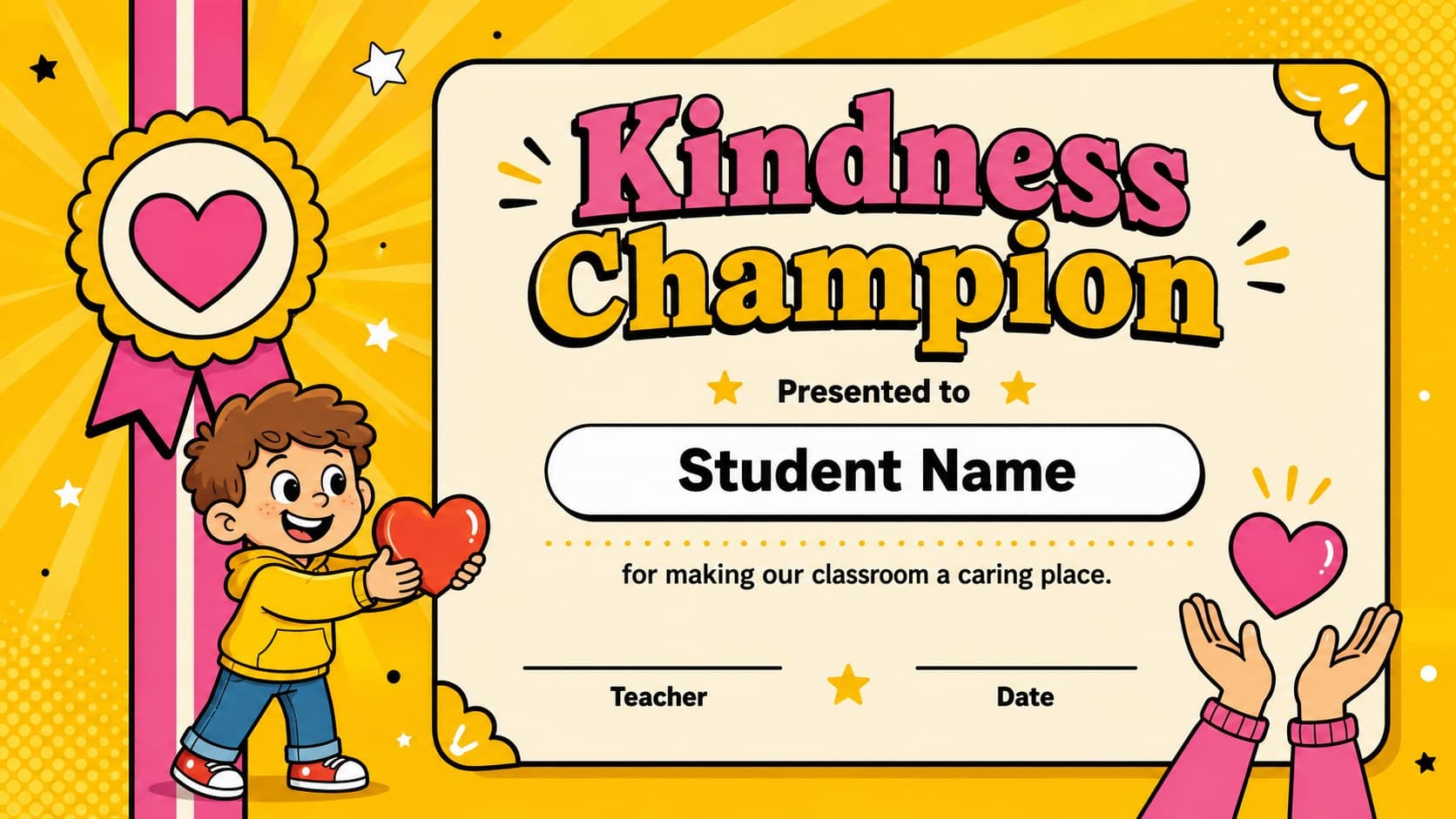 Editable preschool achievement certificate recognizing classroom kindness in a bright cartoon layout.