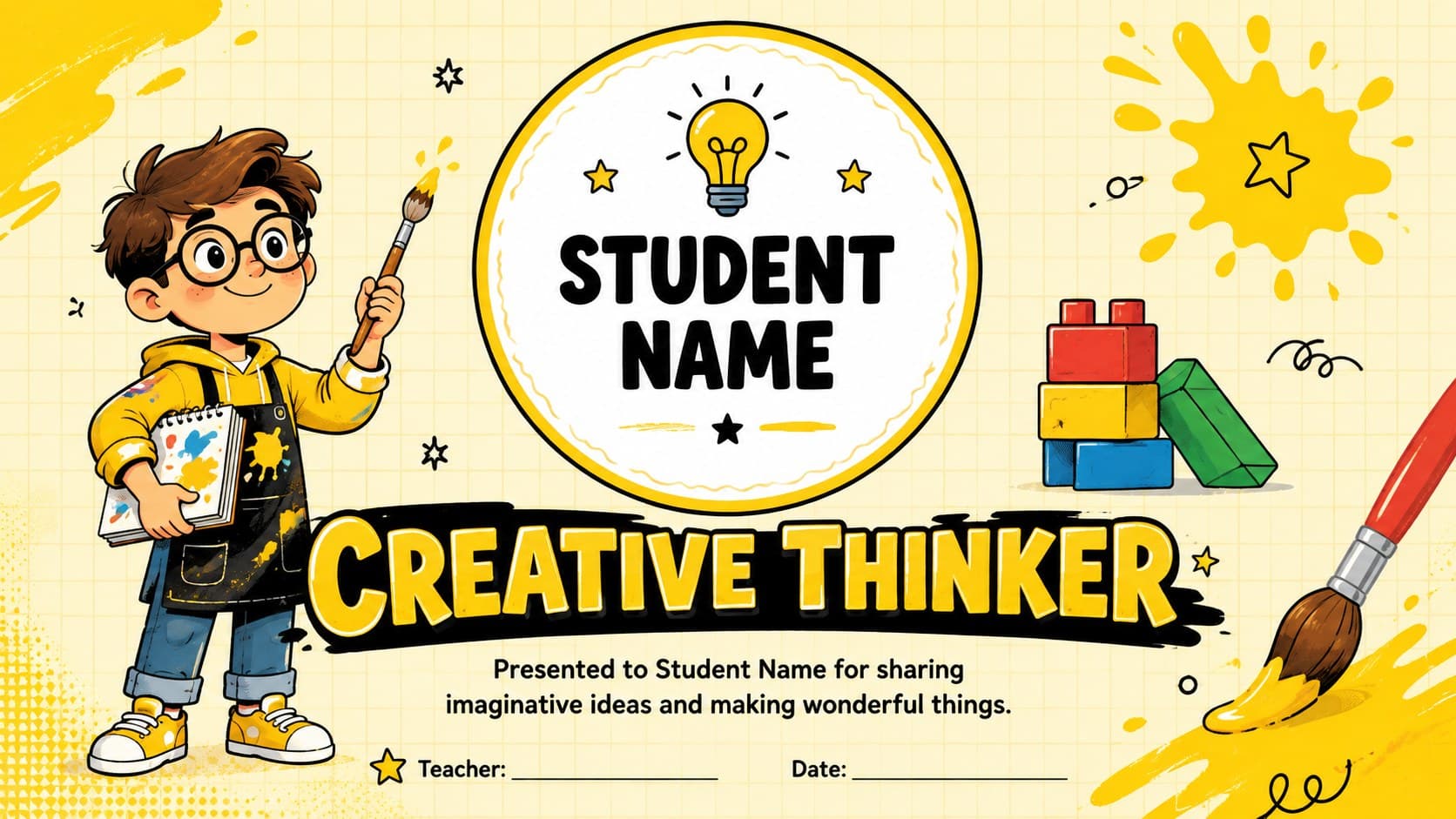 Creative Thinker certificate from a yellow cartoon preschool awards presentation.
