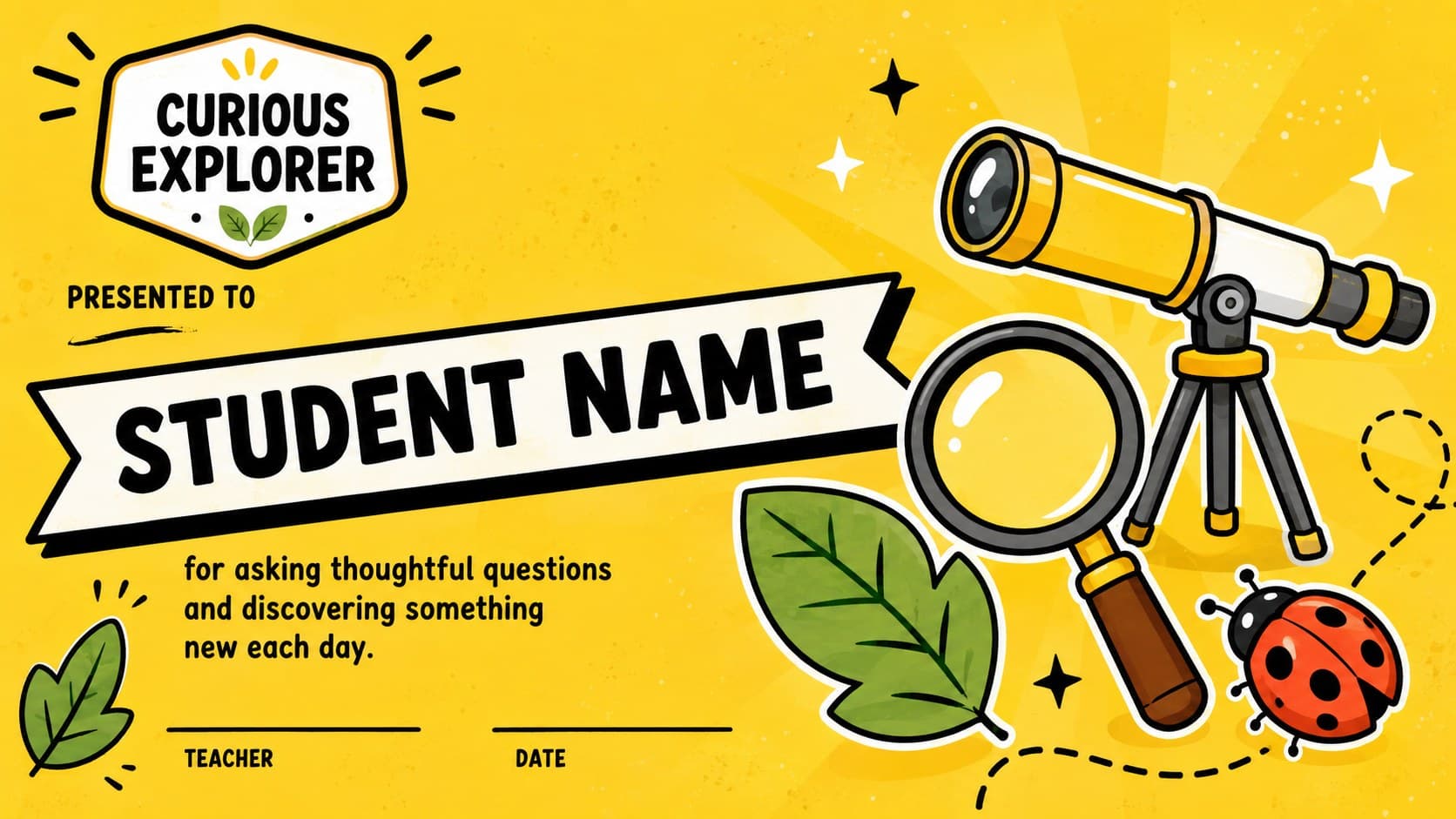 Curious Explorer preschool milestone award featuring cheerful science and nature cartoons.