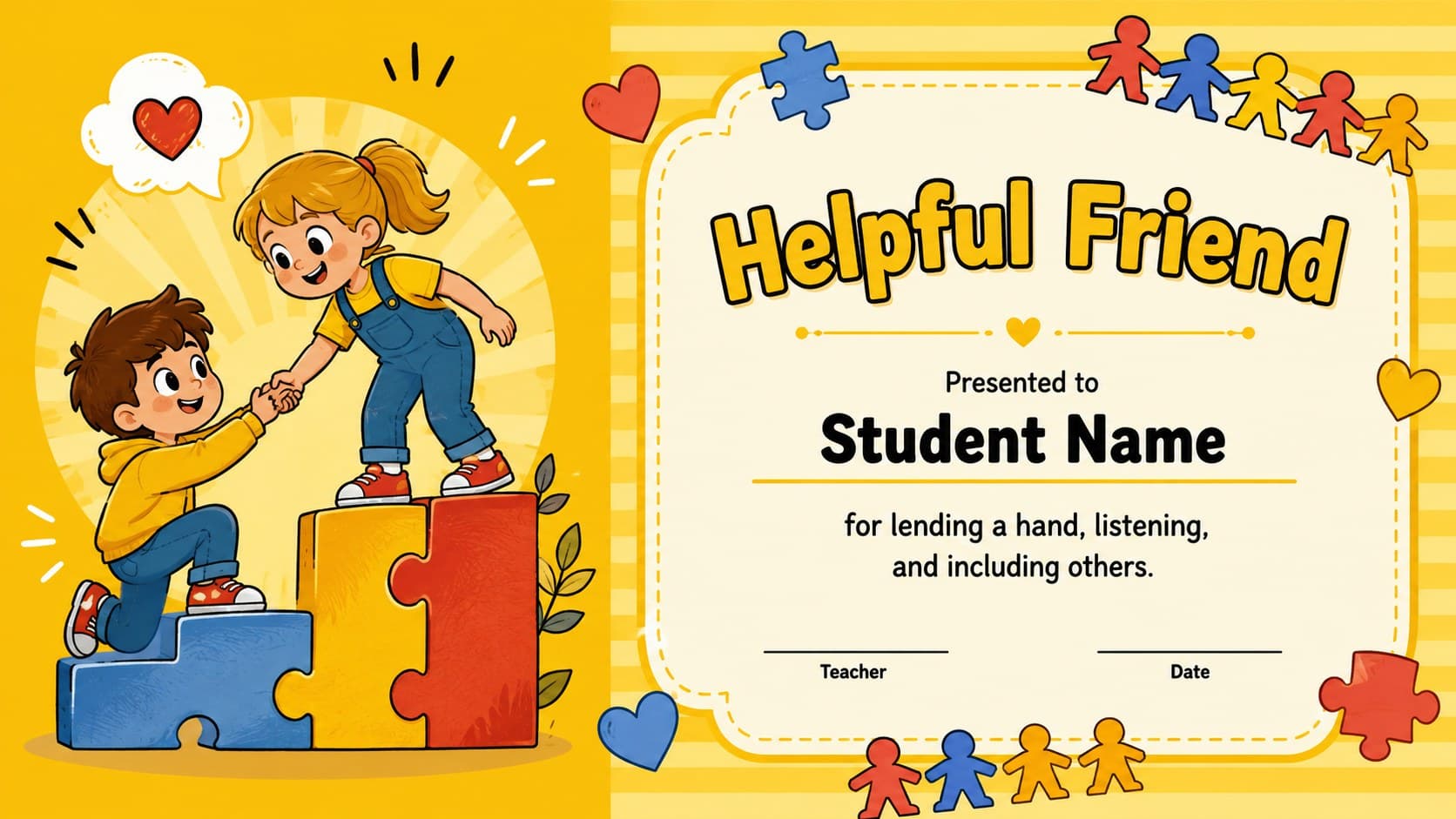 Helpful Friend early learning certificate with yellow cartoon hearts and friendship symbols.