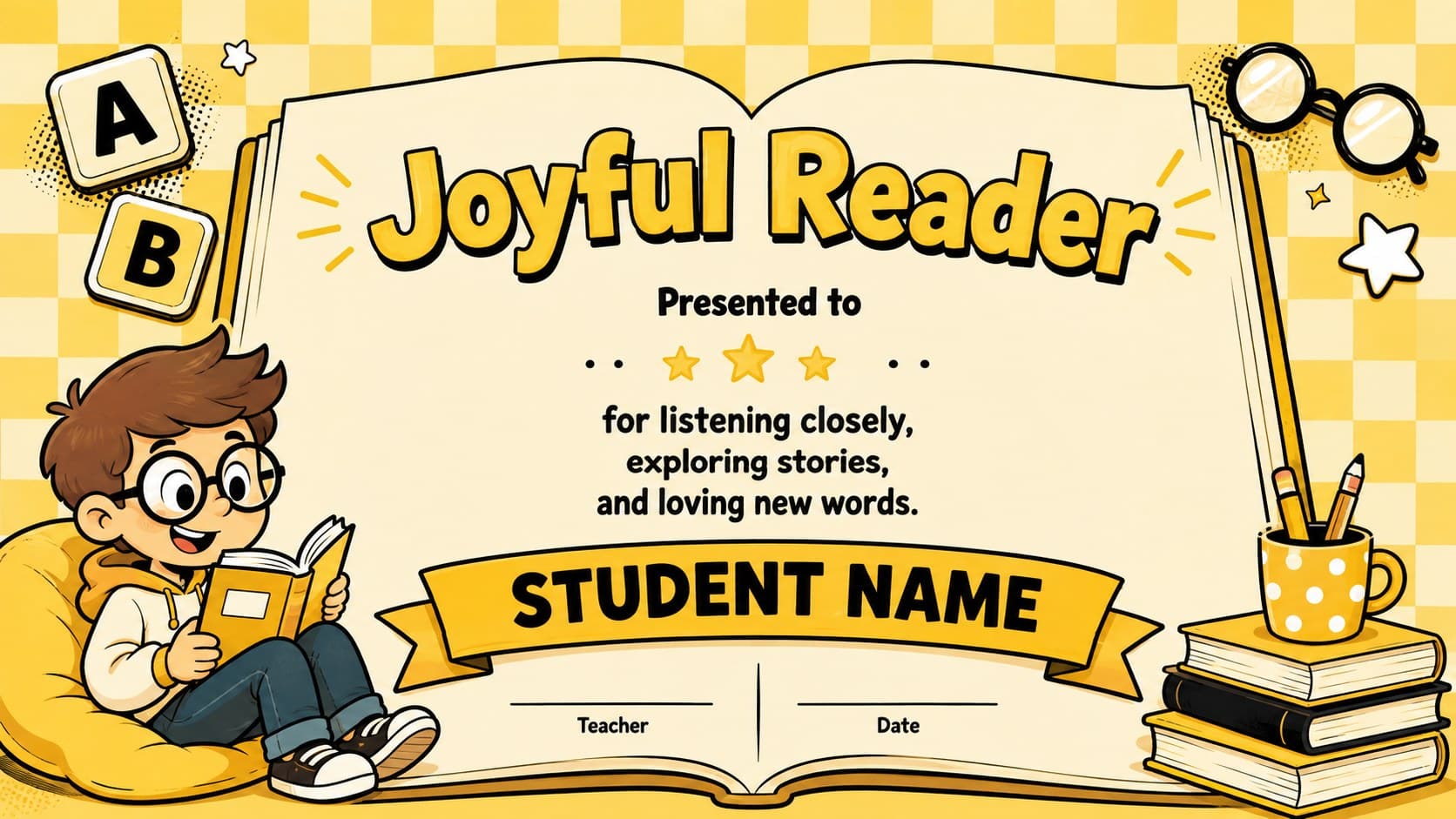 Joyful Reader kindergarten milestone certificate with books and alphabet-themed cartoon artwork.