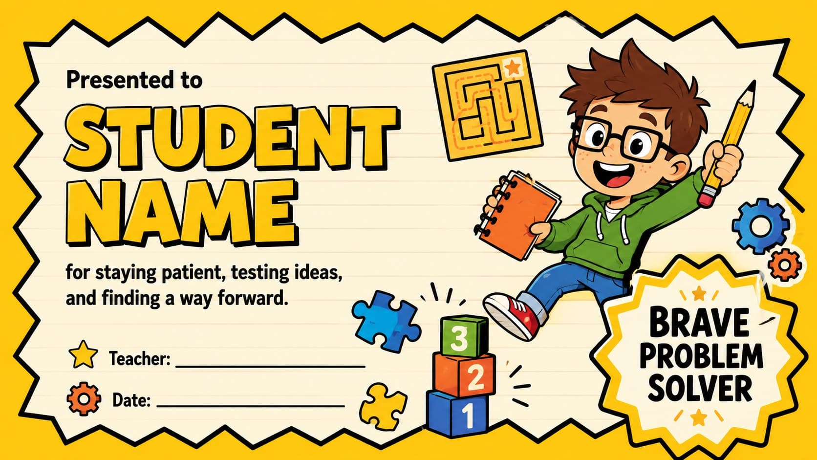 Brave Problem Solver award from an editable preschool achievement certificate collection.