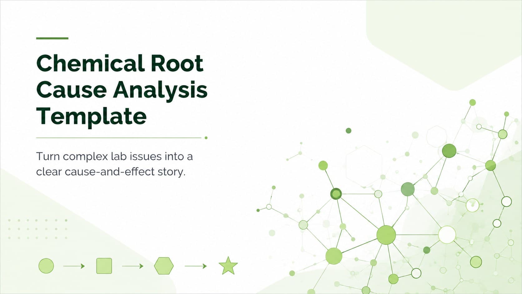 Green and white cover for a chemical root cause analysis template with molecular accents and a simplified cause-and-effect motif.