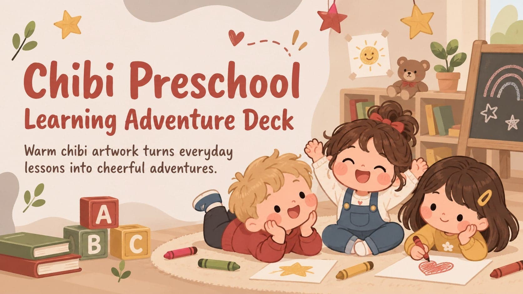 Cover of the Chibi Preschool Learning Adventure Deck with original child characters in a warm brown and red classroom scene.