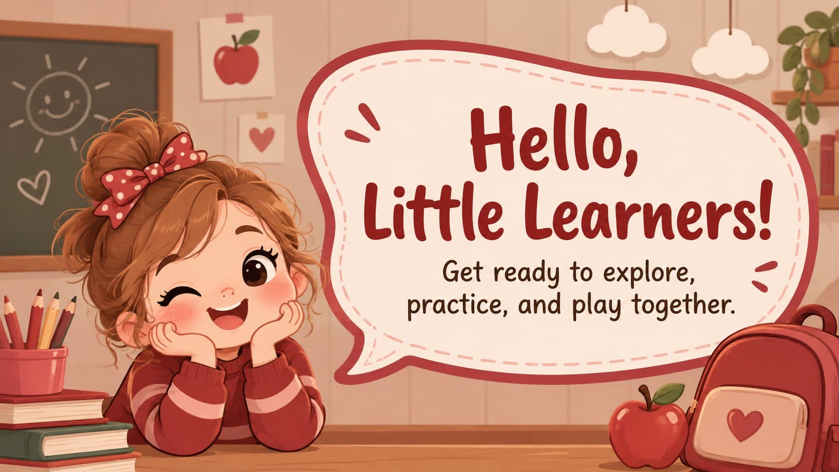Cute anime classroom presentation welcome slide featuring original chibi preschool students and a friendly greeting.