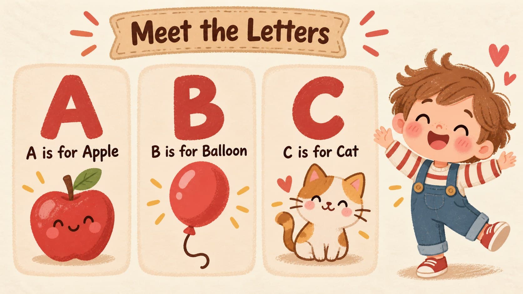 Illustrated early learning template slide teaching the letters A, B, and C with playful picture clues.