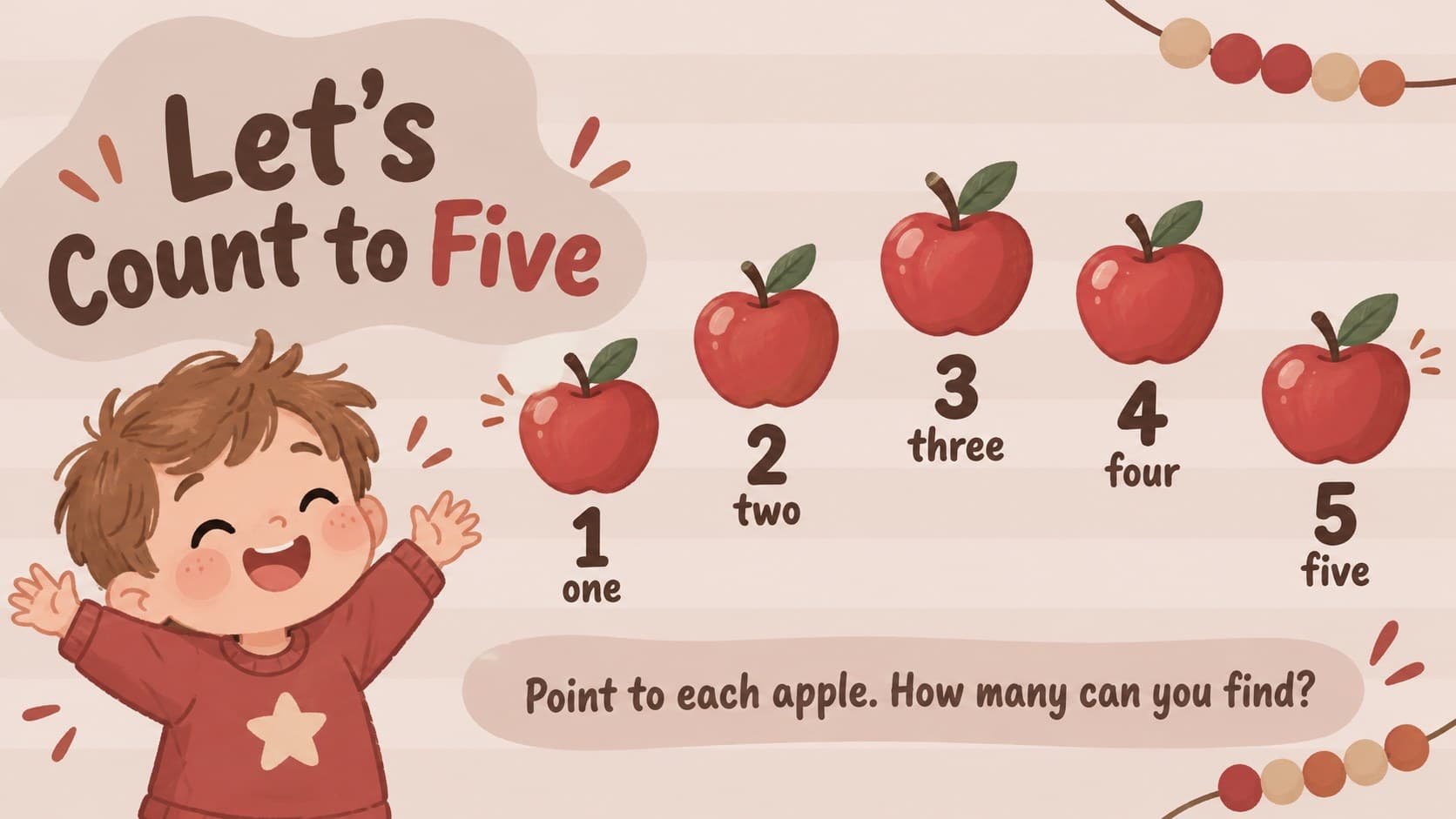 Chibi preschool counting activity showing five illustrated apples in a warm classroom palette.