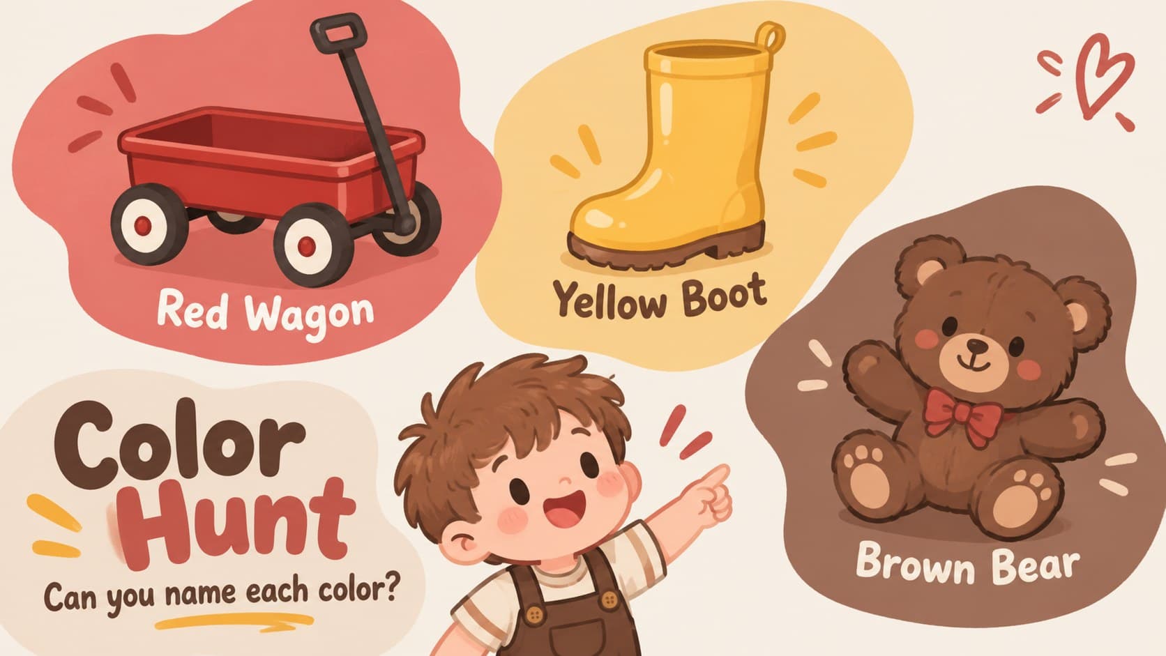 Brown and red preschool PowerPoint color lesson with illustrated objects for red, yellow, and brown.