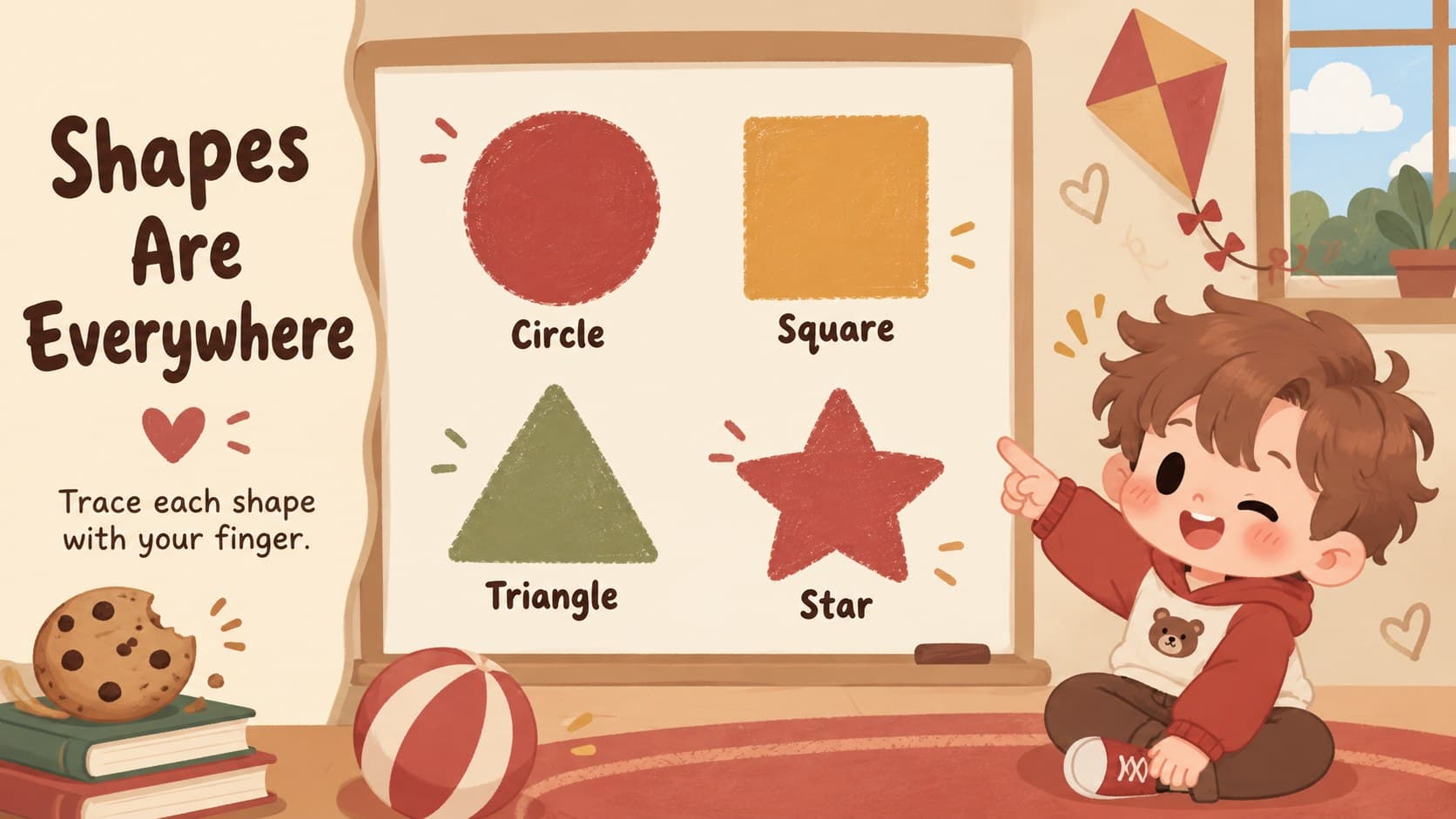 Playful pre-K teaching deck slide introducing circle, square, triangle, and star shapes.