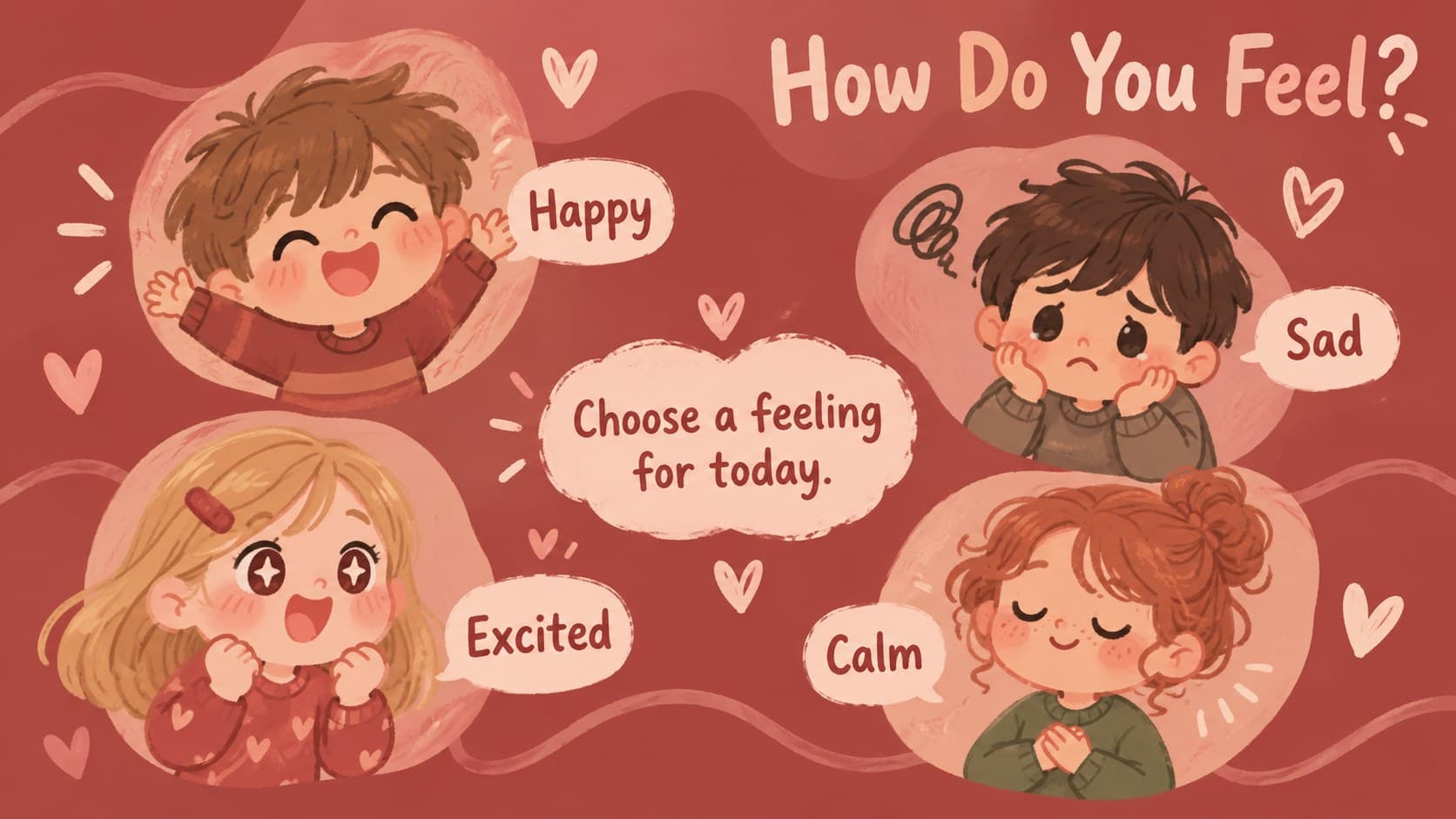 Cute chibi emotions lesson with four original preschool characters showing happy, sad, excited, and calm feelings.