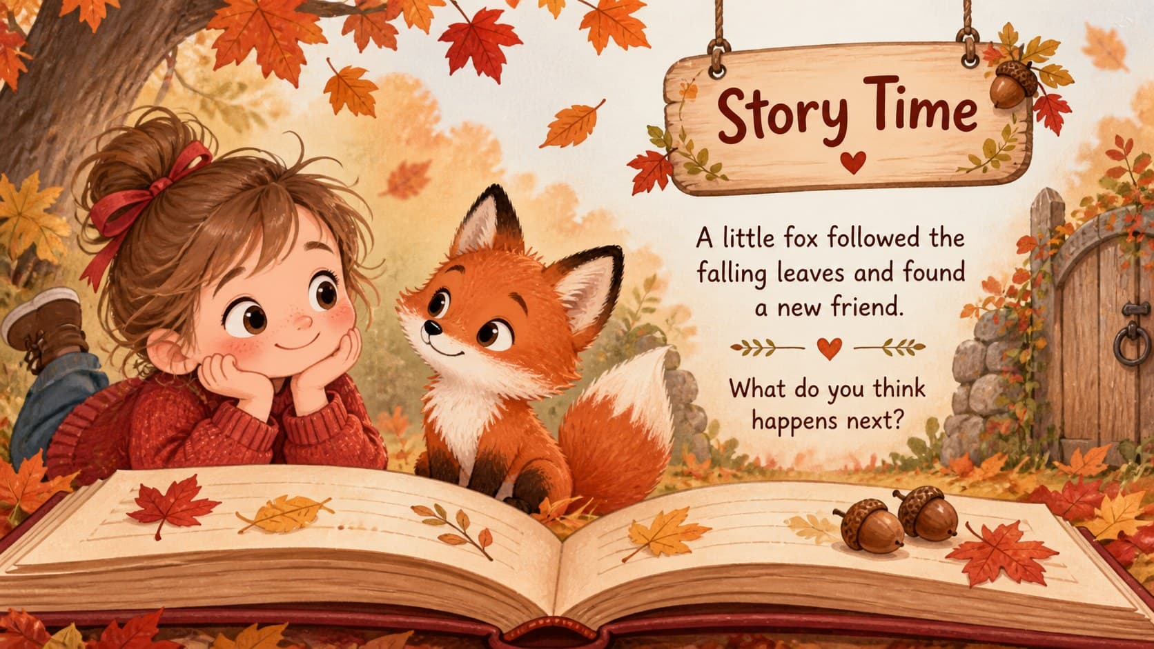 Chibi classroom story time slide with an original child reading about a small fox in an autumn garden.