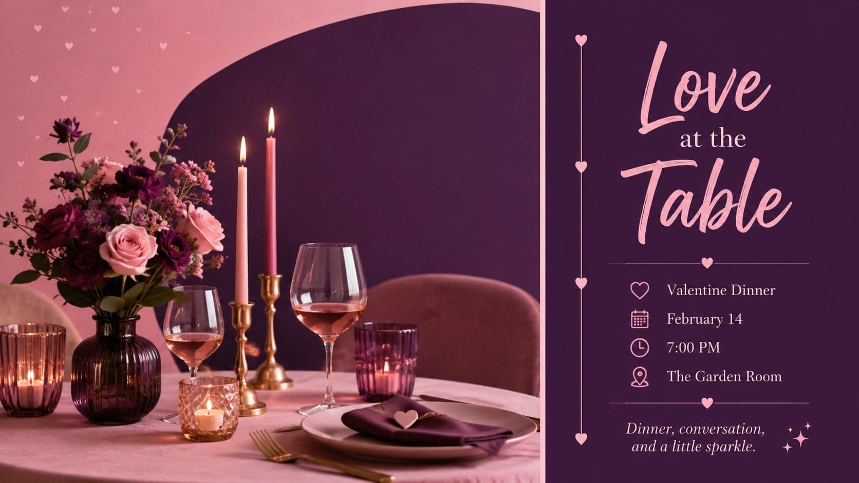 Editable Valentine dinner invitation slide with an elegant table setting and event details.