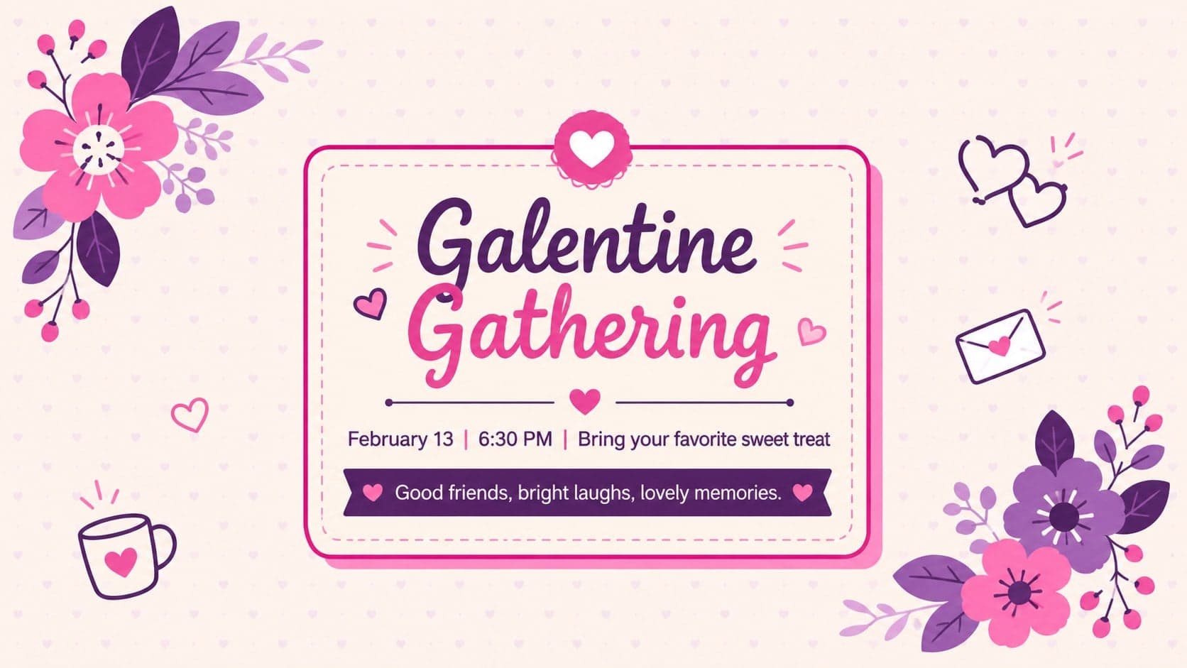 Pink Galentine's Day invitation presentation featuring flowers, friendship icons, and party information.