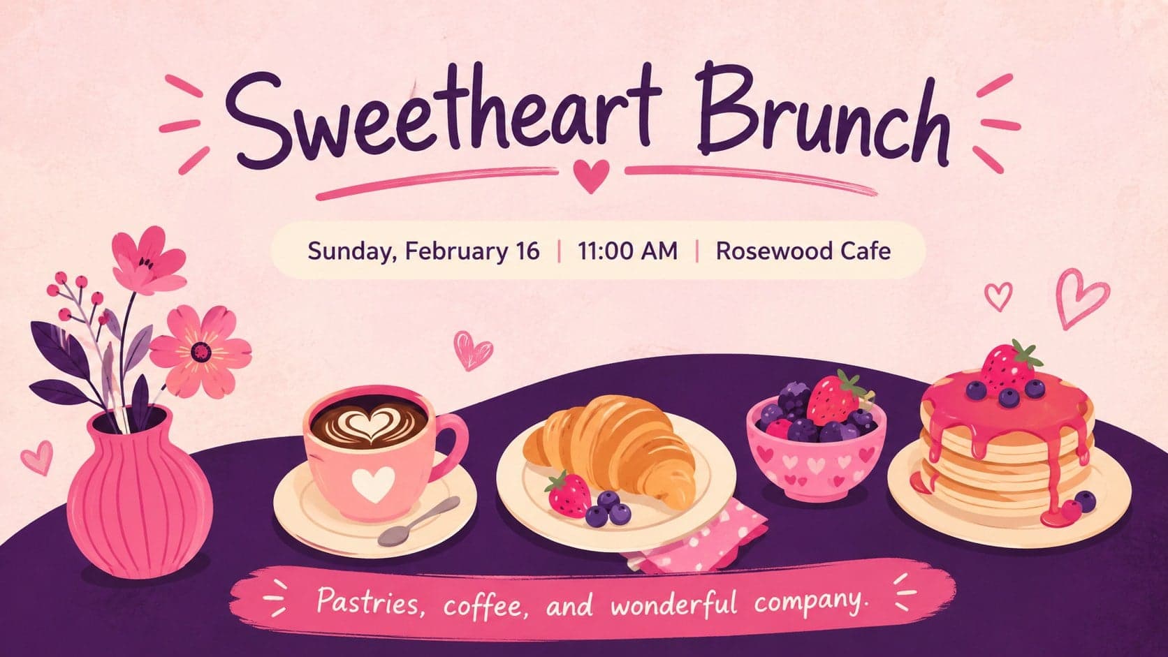 Modern love celebration invitation for a Valentine brunch in a clean pink and purple layout.