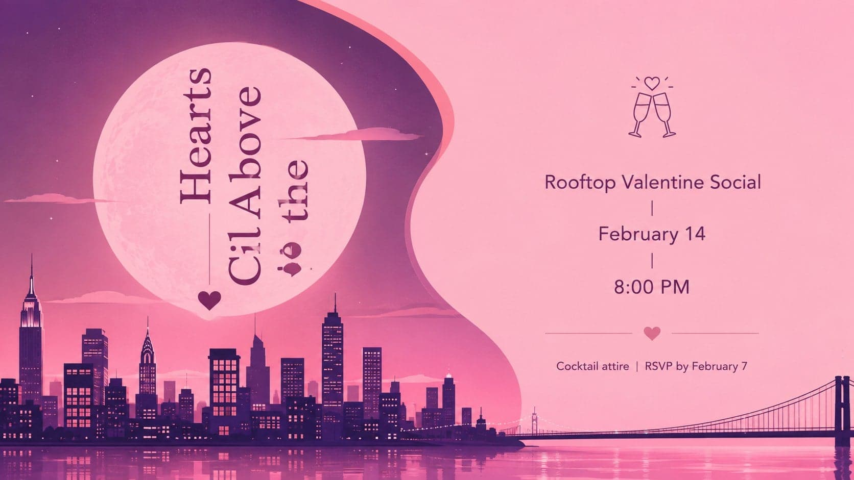 Romantic rooftop party invitation slide with city lights and bold Valentine event typography.