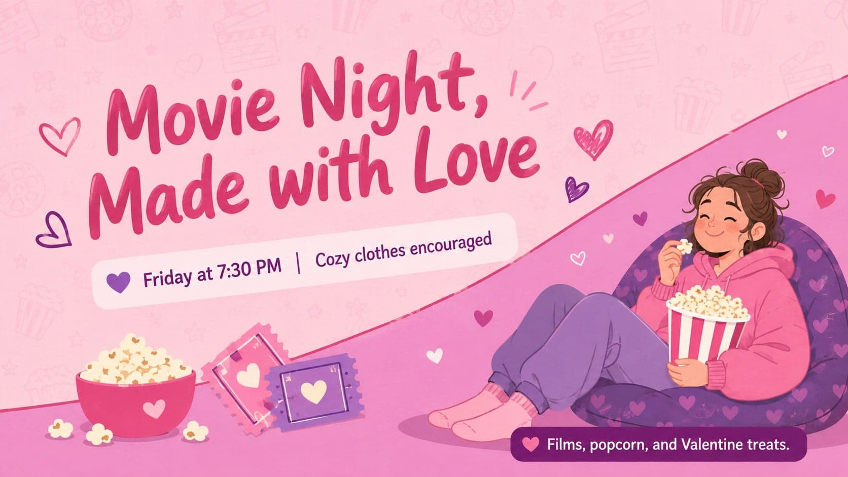 Cozy Valentine movie night invitation with popcorn and heart illustrations in a minimal layout.