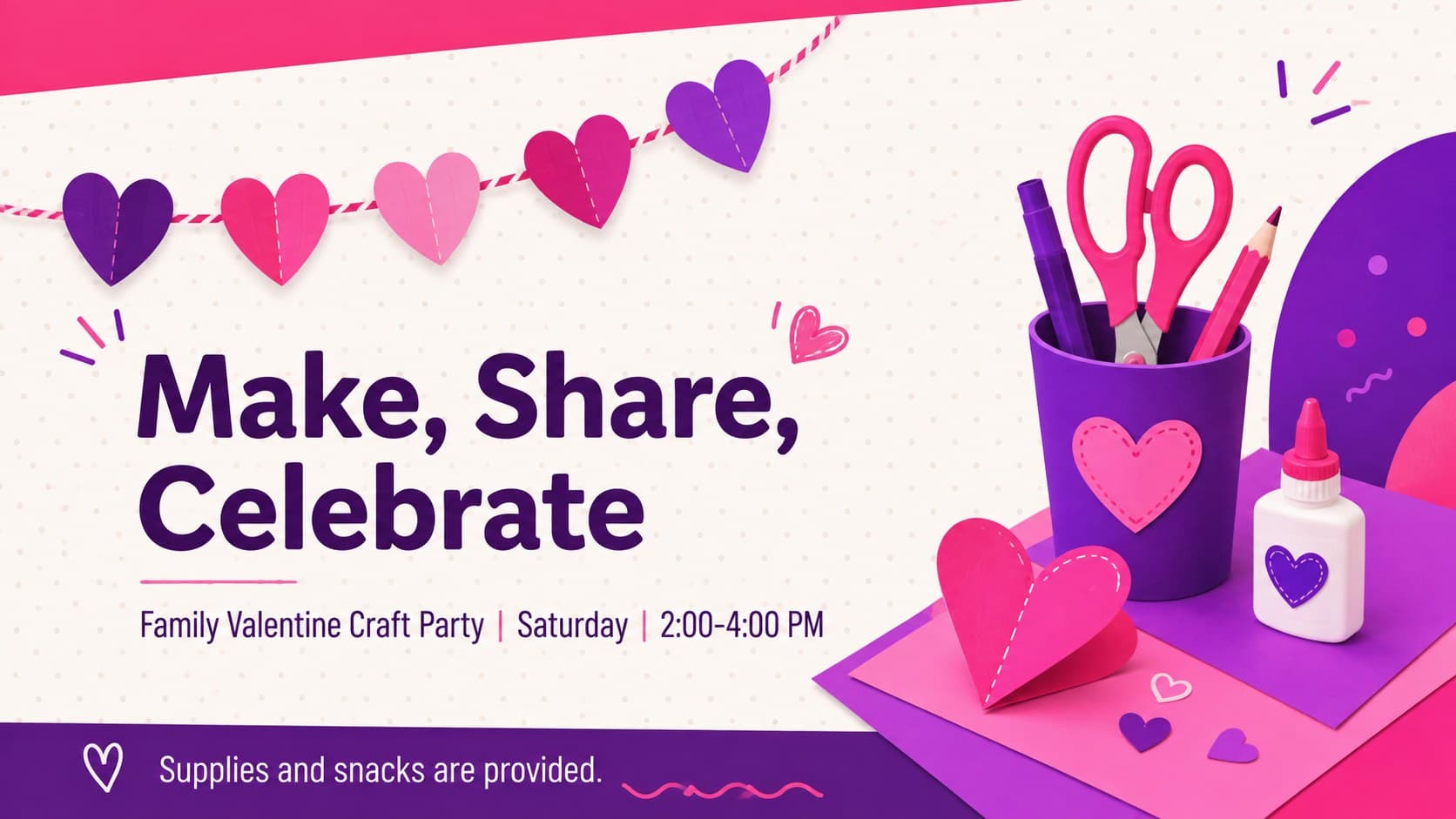 Family Valentine craft party invitation slide decorated with paper hearts and art supplies.
