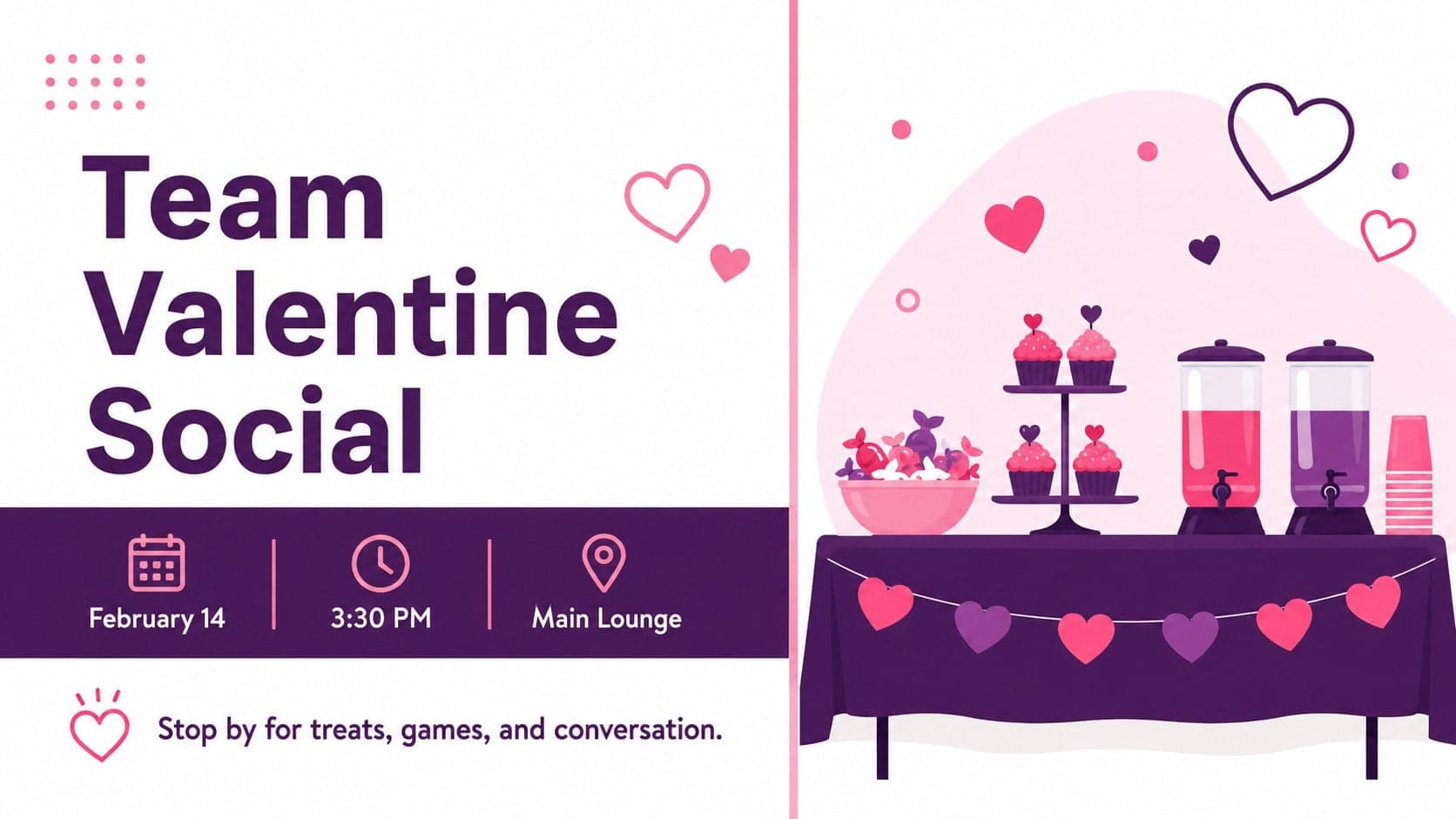 Professional workplace Valentine social invitation using restrained pink and purple accents.