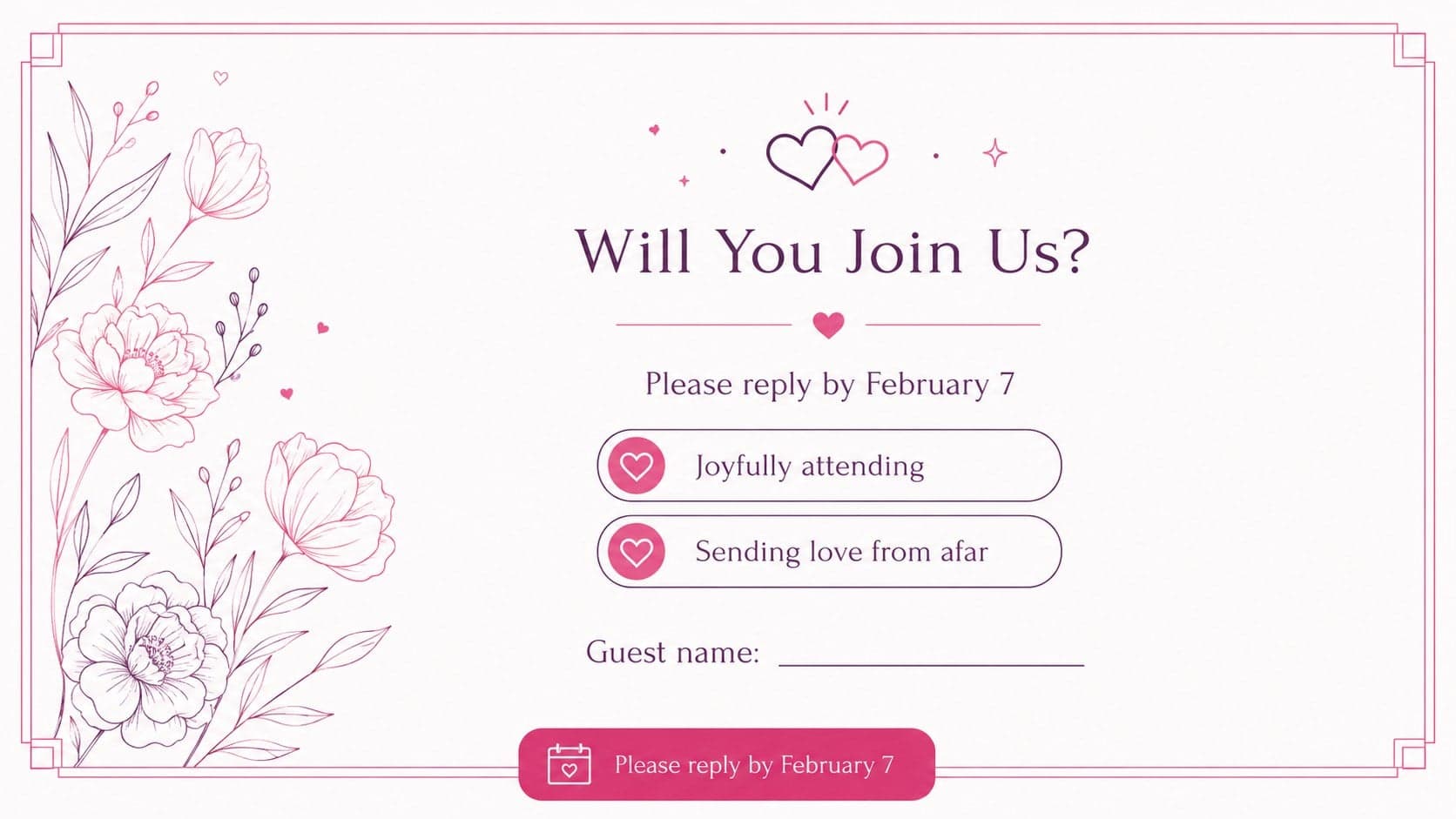 Editable Valentine RSVP card with response options and clean floral decorations.