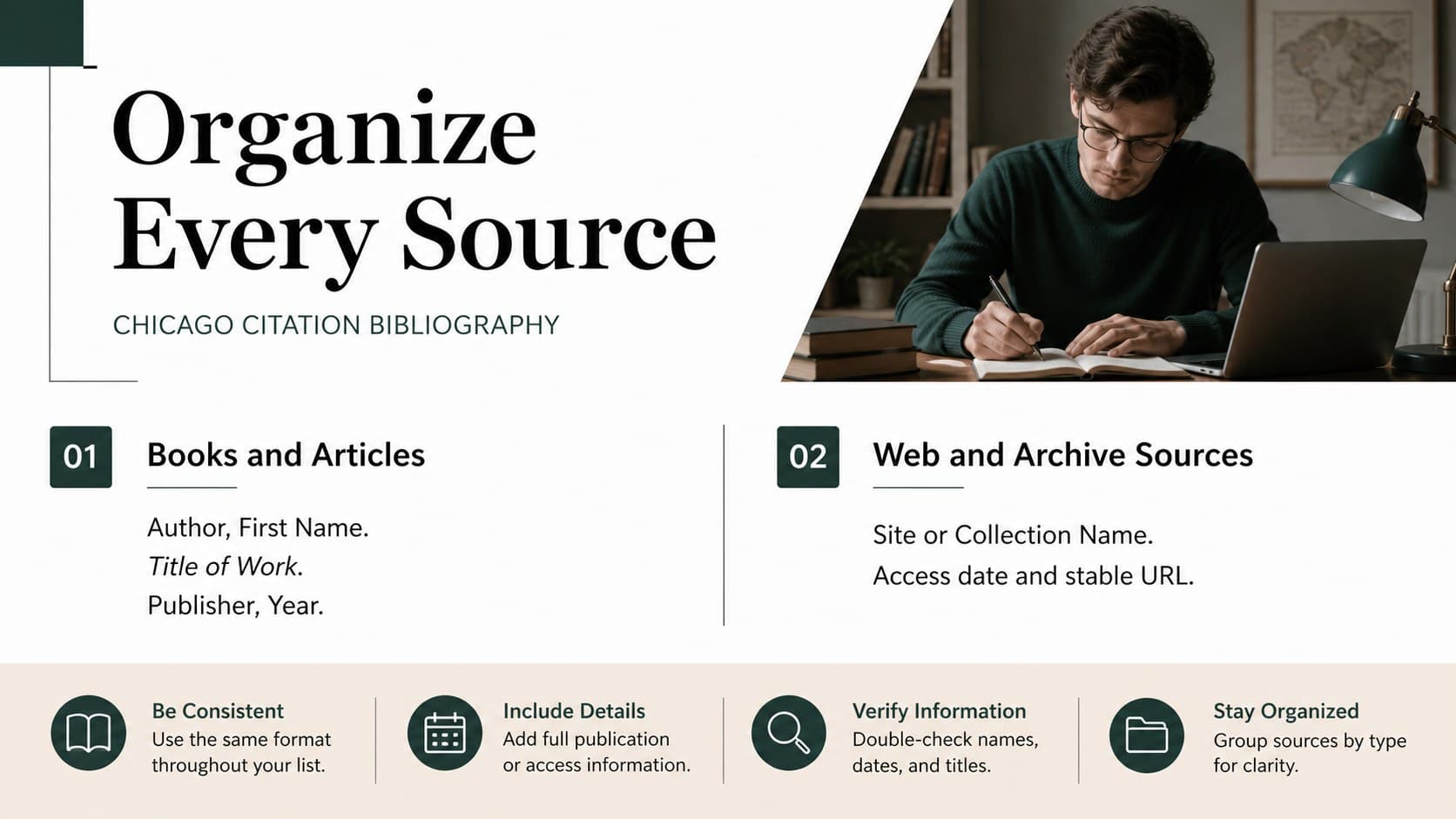 Reference-list slide showing grouped Chicago citation sources in an editable academic presentation layout.