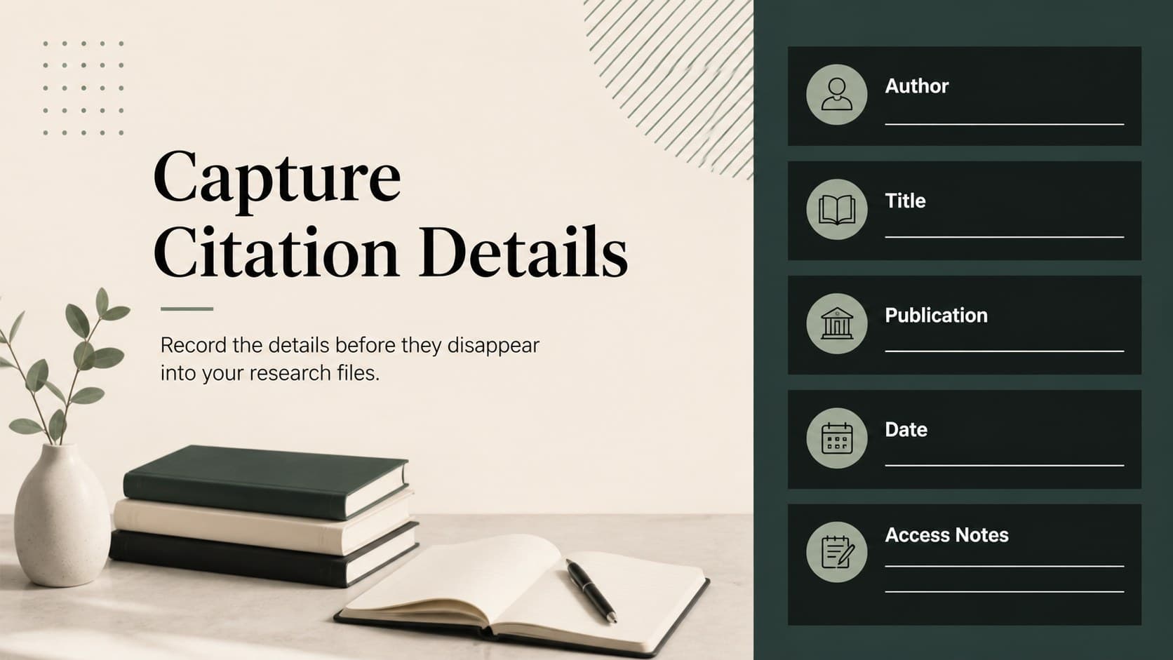 Citation-notes slide with structured source details for a research source list presentation.