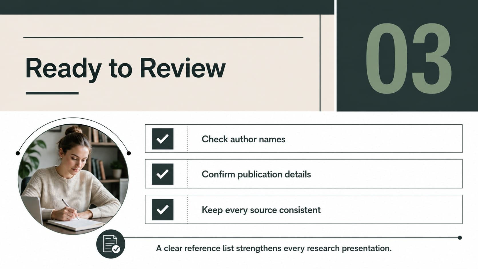 Closing slide summarizing a clean Chicago-style reference workflow for students and researchers.