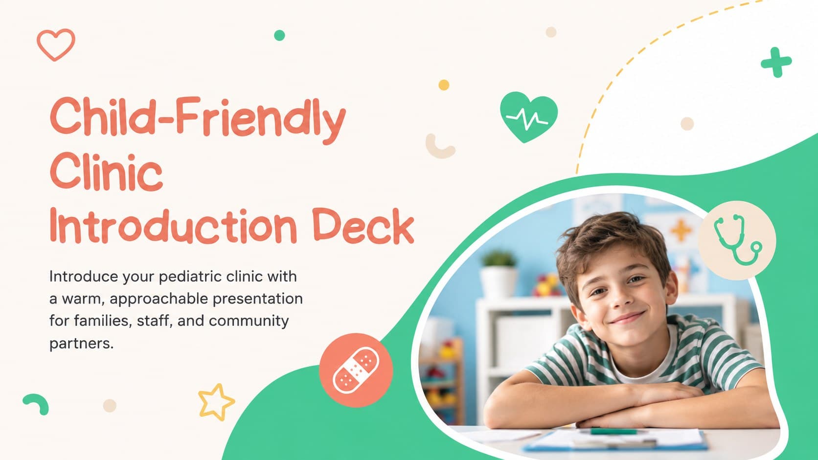Cover of a child-friendly clinic introduction deck with cheerful pediatric healthcare illustrations in green and beige.