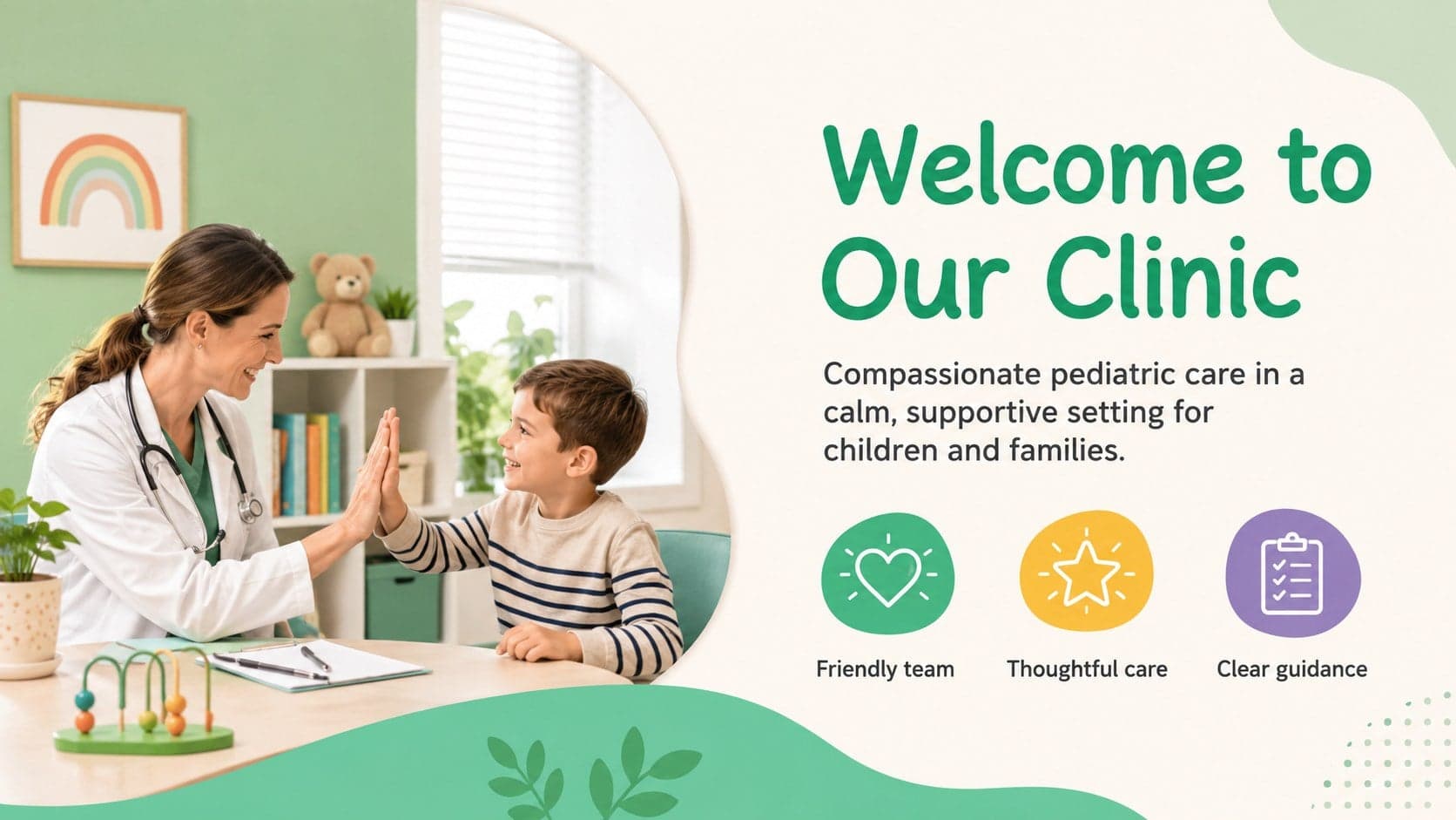 Pediatric practice welcome slide introducing a friendly clinic and its family-focused approach.
