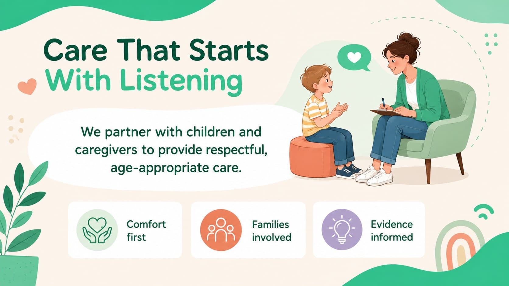 Child-friendly clinic introduction deck slide outlining a compassionate pediatric care philosophy.