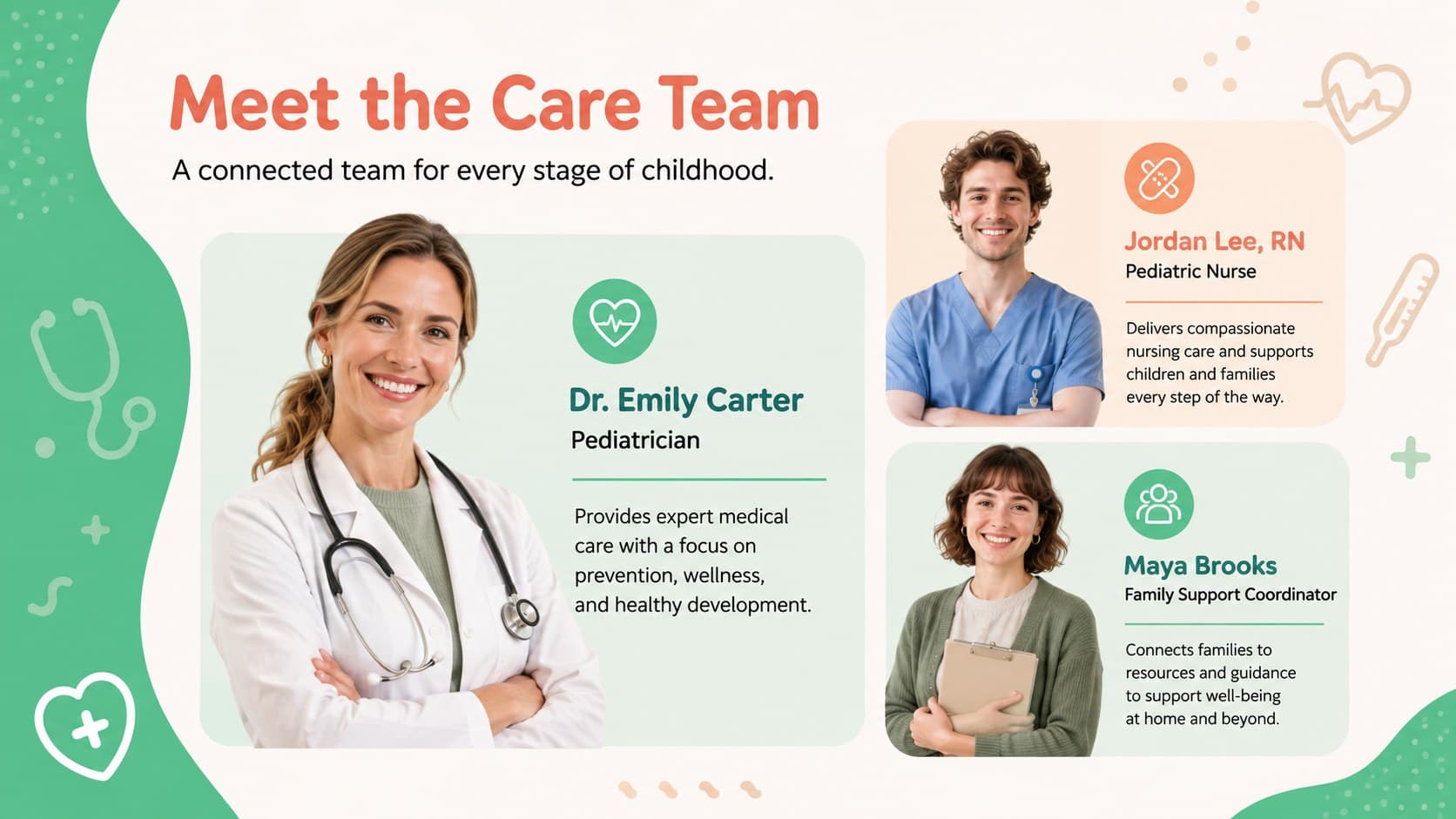 Pediatric team introduction template with profiles for a doctor, nurse, and family support coordinator.