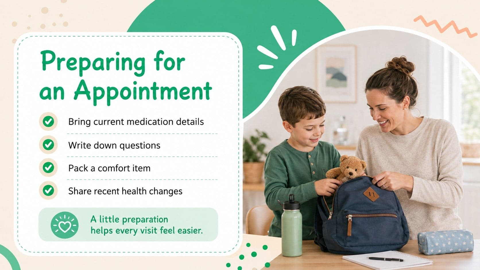 Family centered clinic slide with practical preparation tips for a child's medical appointment.