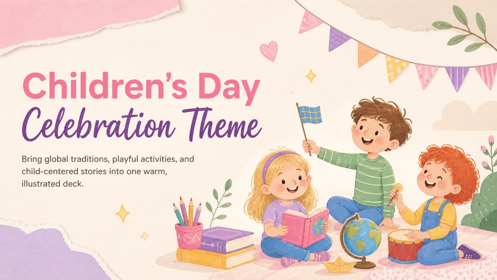 Cover of the Children's Day celebration theme with playful pink and beige illustrations of children celebrating.