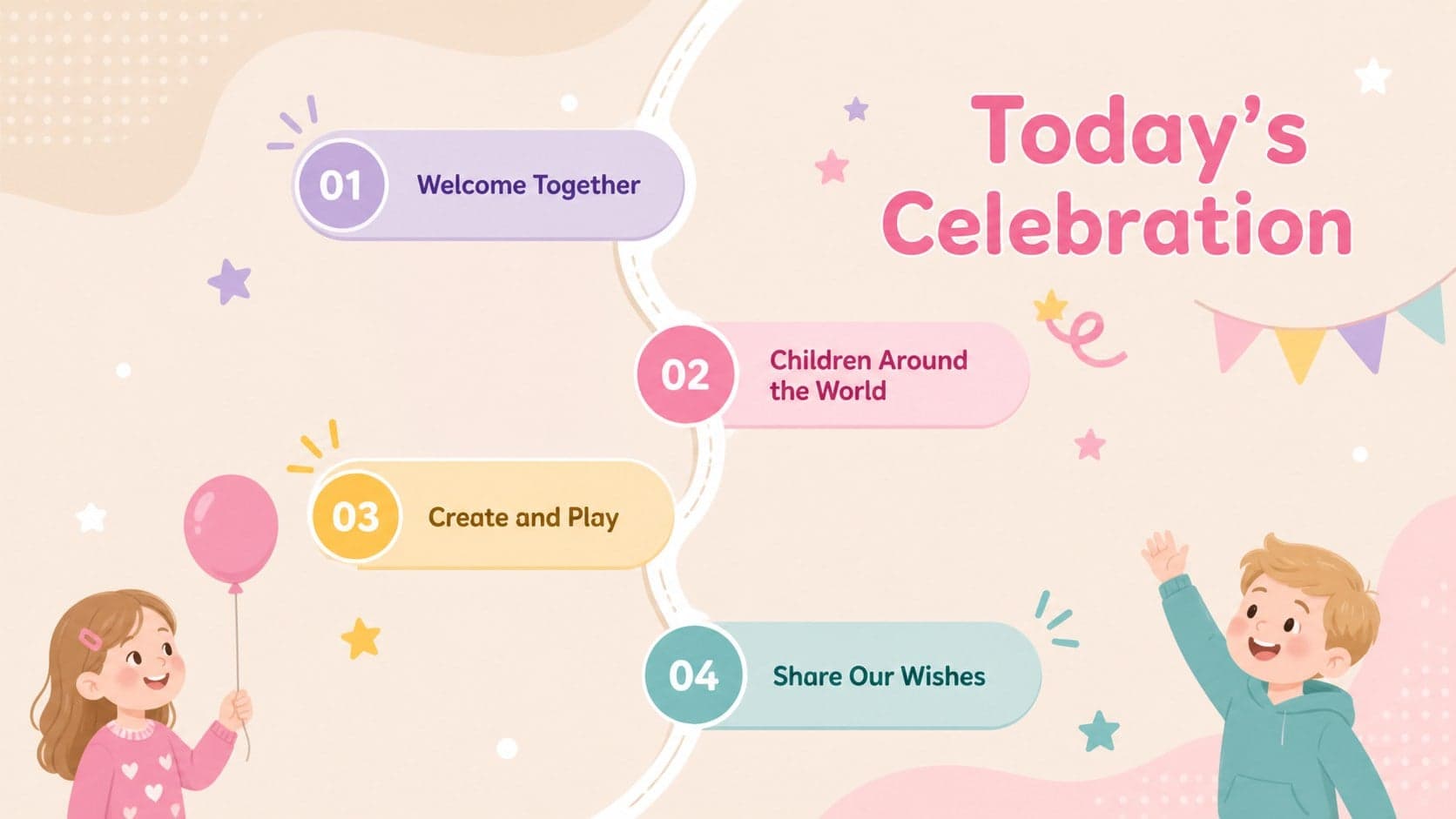 Children's Day classroom presentation agenda with four illustrated sections in a pastel layout.
