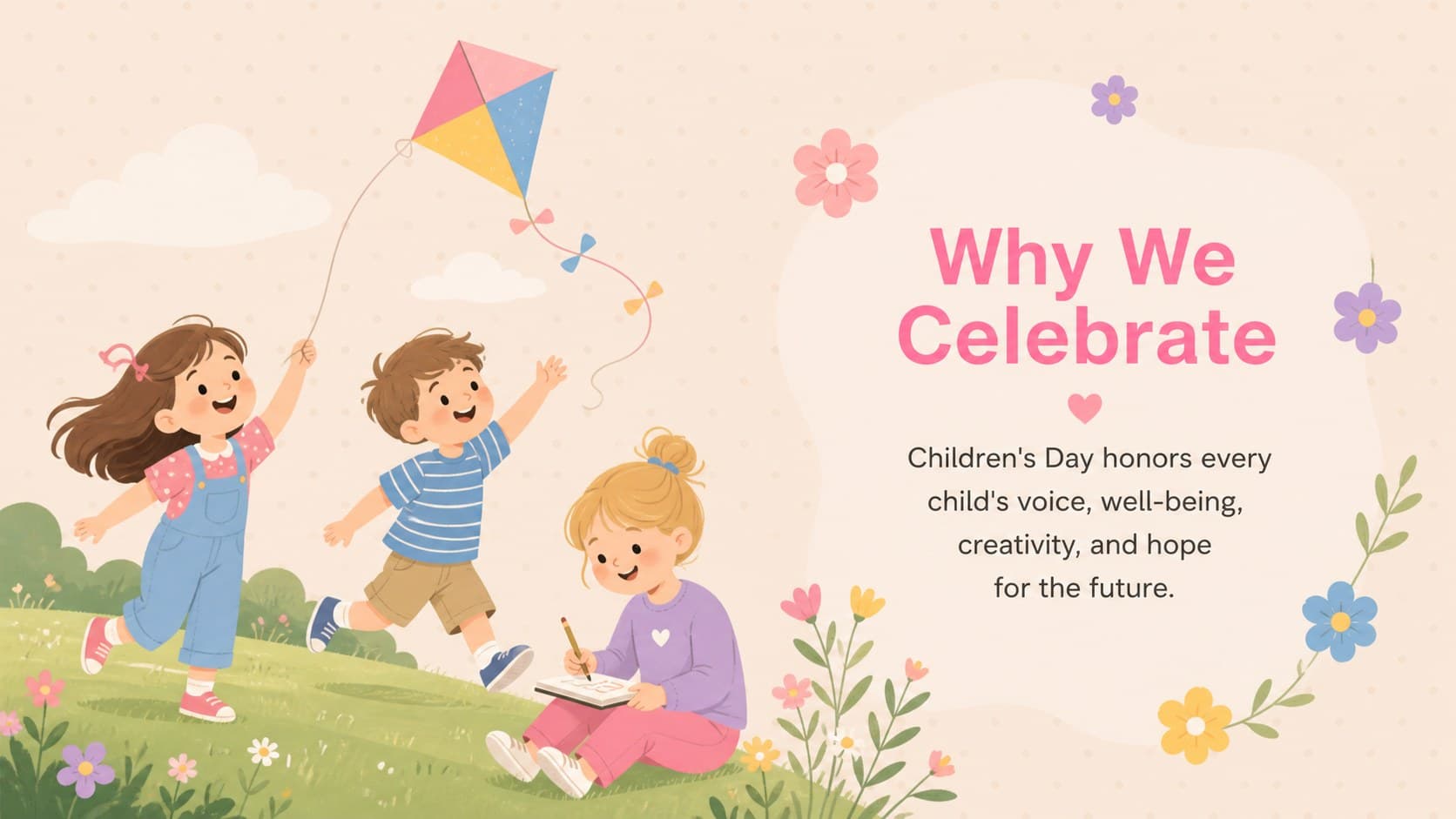 International Children's Day school assembly slide explaining the purpose of the celebration with original illustrations.